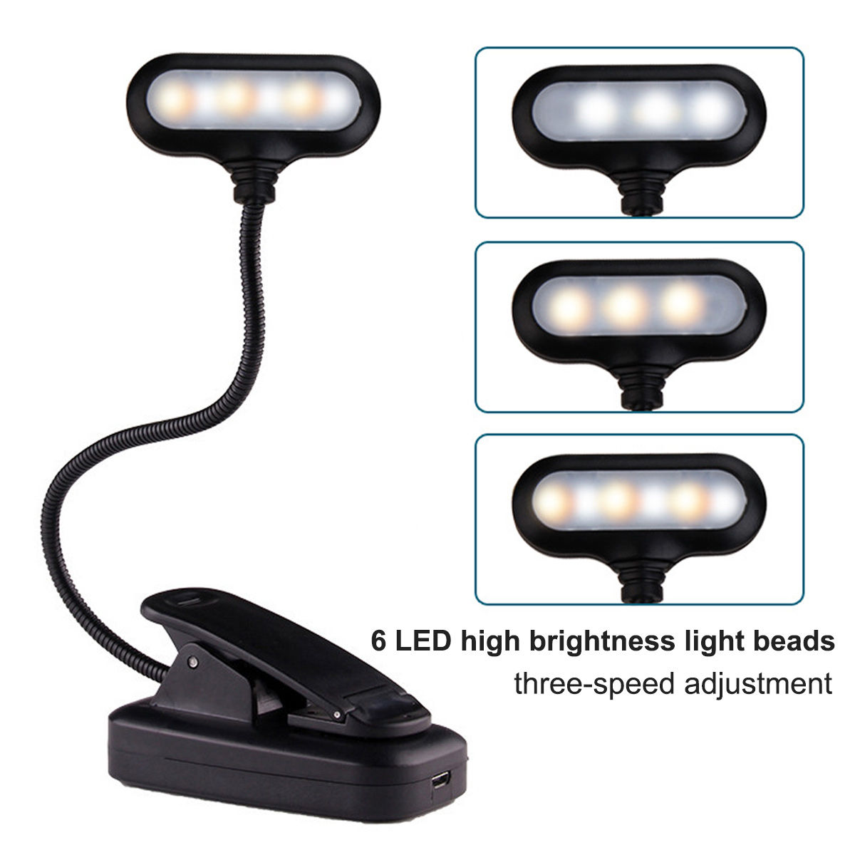Eine schwarze LED-Buchleuchte mit drei Helligkeitseinstellungen, sechs LED-Leuchten, flexiblem Hals und Clip.