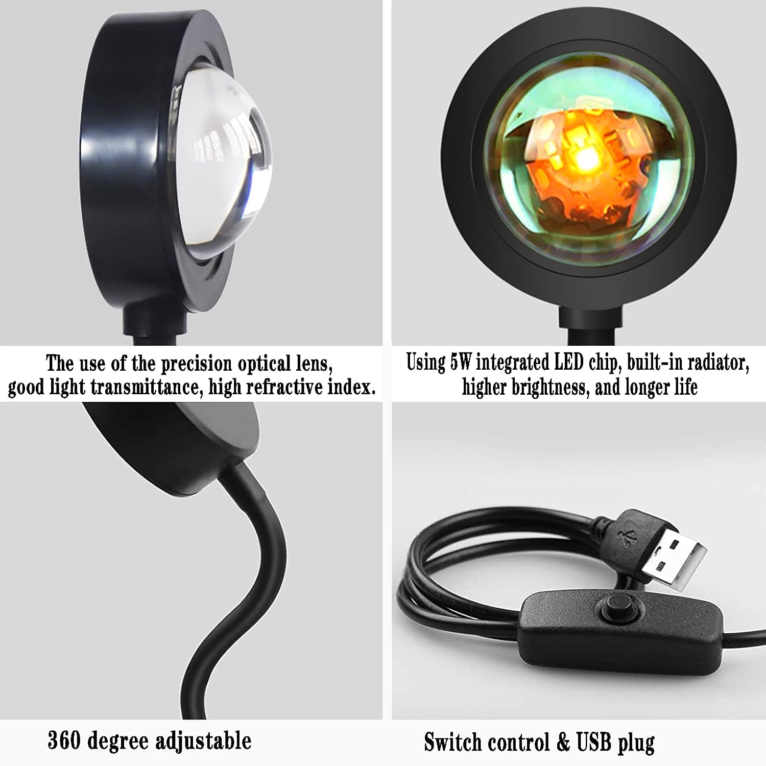 Eine schwarze Sonnenuntergangslampe mit Linse, LED-Chip, USB-Stecker und Schalter. Text: '360 Grad einstellbar' und 'Schaltersteuerung & USB-Stecker'.