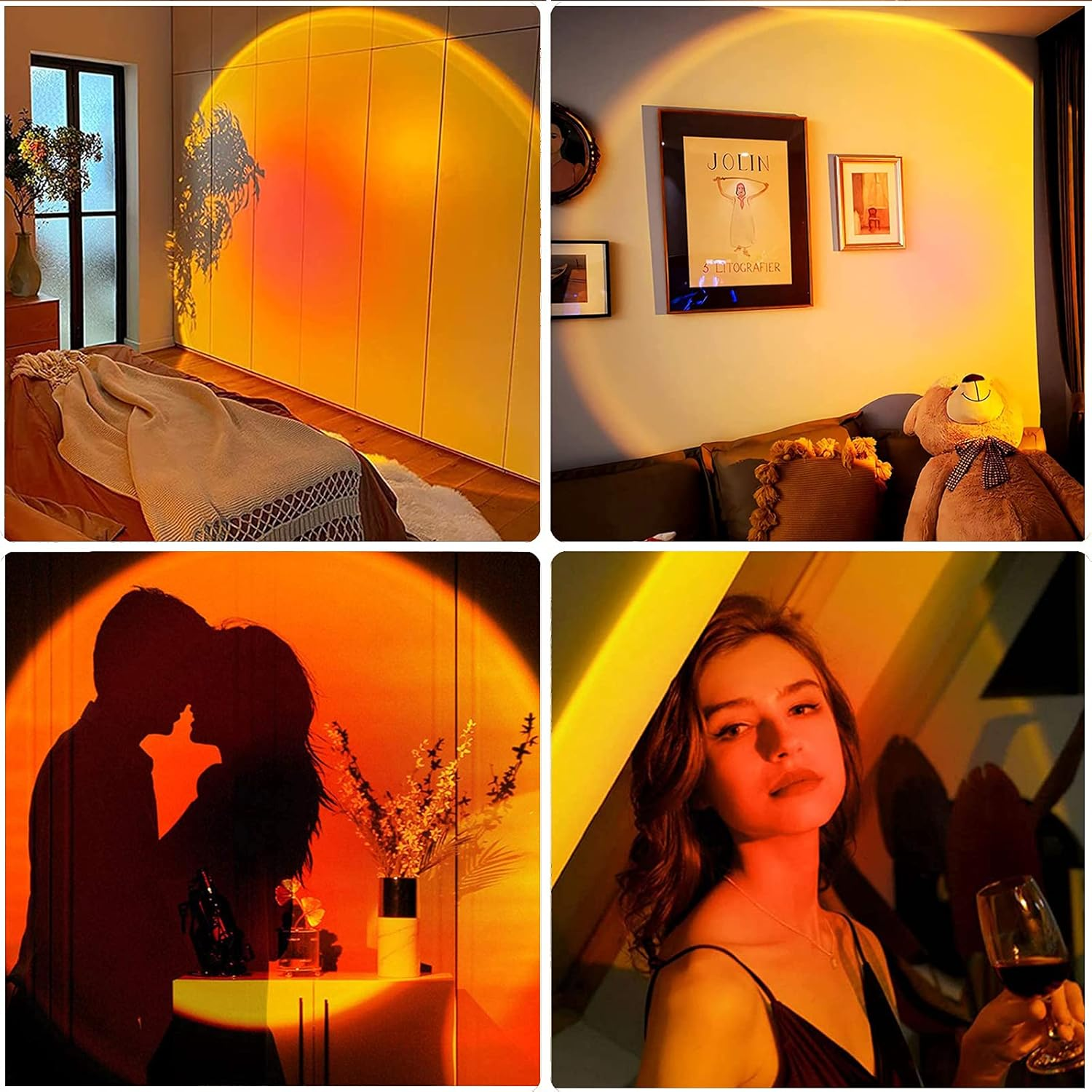 Ein Schlafzimmer in orangefarbenem Licht. Ein Paar küsst sich, eine Frau hält Wein. Ein Teddybär sitzt auf einem Sofa. Ein Poster hängt an der Wand.