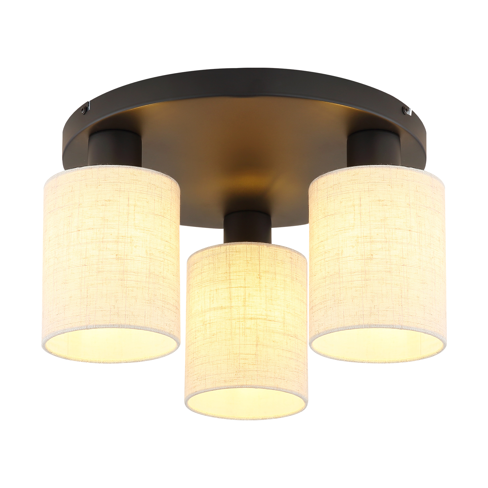 Nowoczesna lampa sufitowa z trzema cylindrycznymi abażurami z tkaniny, na białym tle.