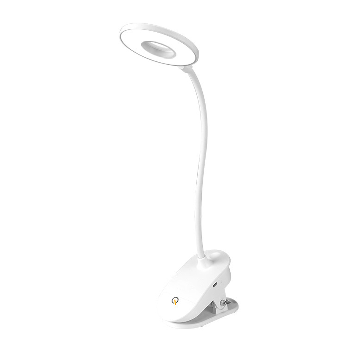 Eine weiße LED-Schreibtischlampe. Die Lampe hat ein kreisförmiges Licht und einen flexiblen Hals. Sie ist an einer Clipbasis befestigt.
