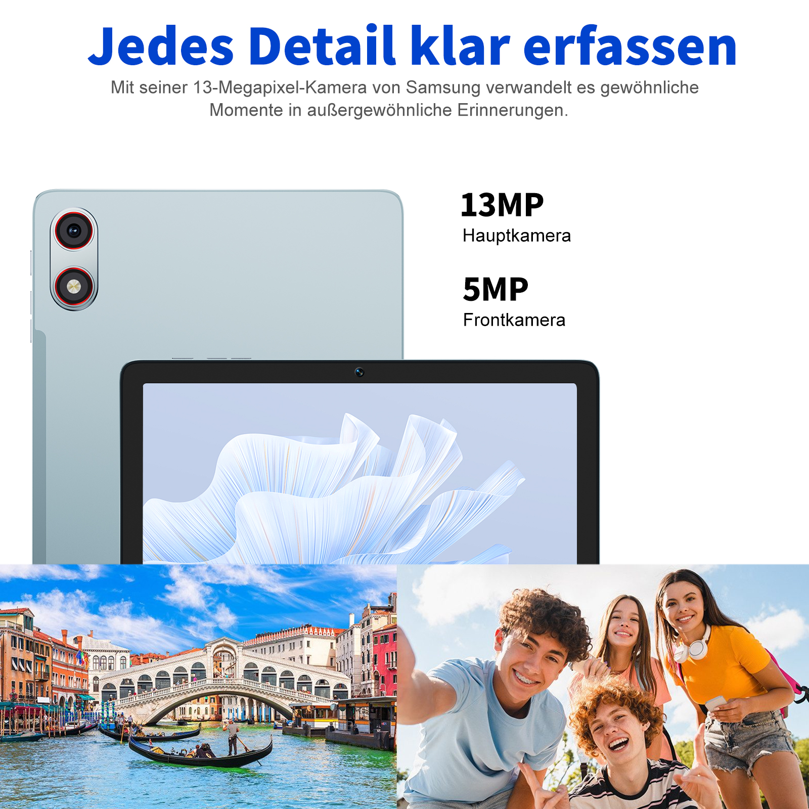 Tablet mit zwei Kameras, 13MP und 5MP, und drei Bildern: Venedig-Kanal, abstrakte Kunst und Teenager, die ein Selfie machen.