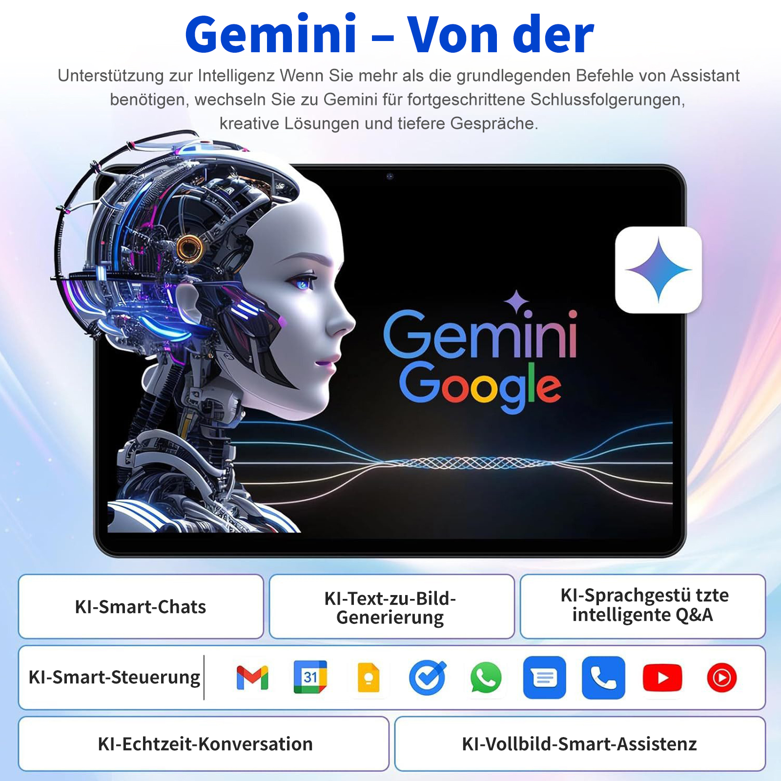 Grafik mit KI-Thema zeigt Robotergesicht mit Text: Gemini Google. Schaltflächen listen KI-Funktionen auf.