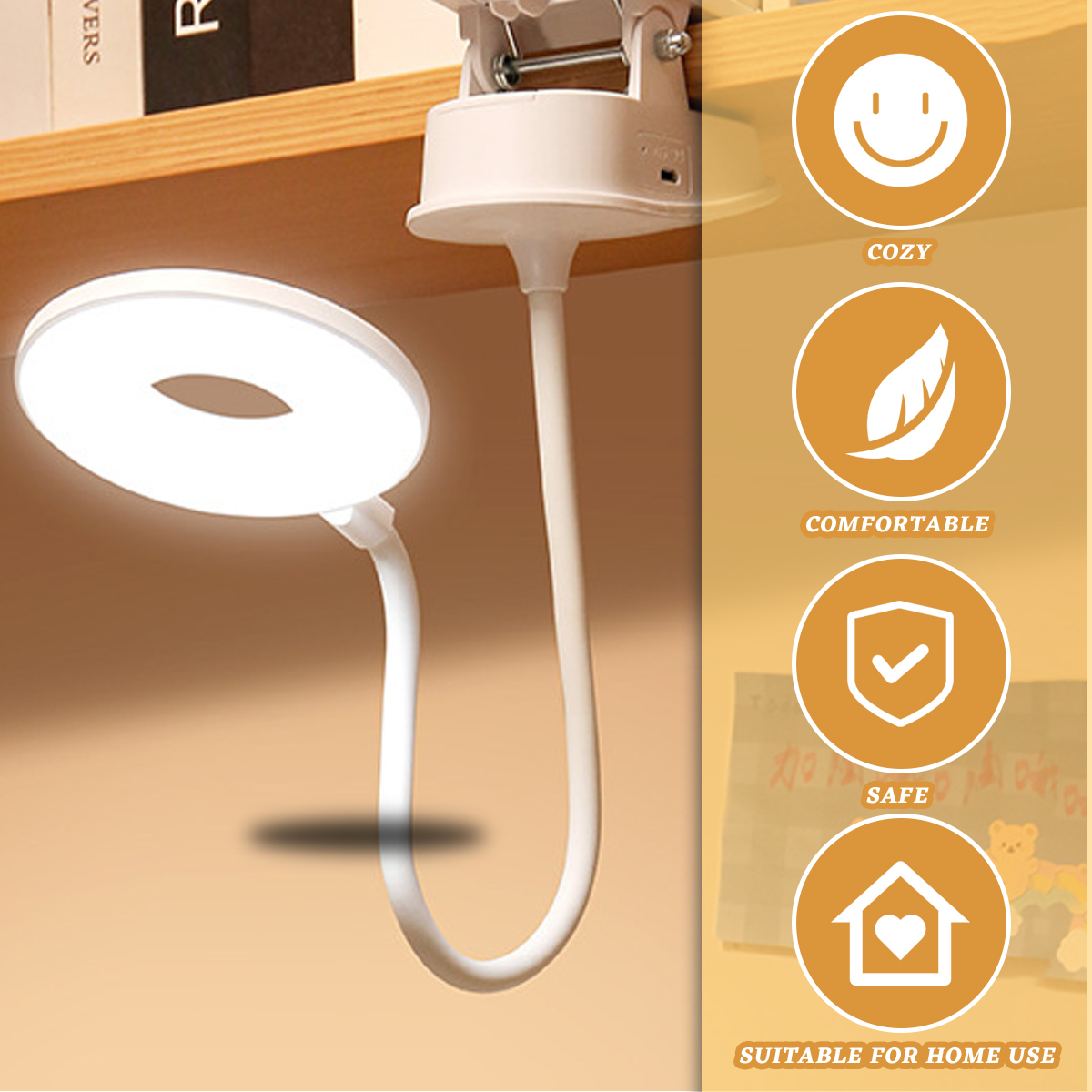 Eine weiße LED-Schreibtischlampe ist an einer Holzoberfläche befestigt. Die Lampe ist an und beleuchtet den Bereich. Der Hintergrund hat Symbole.