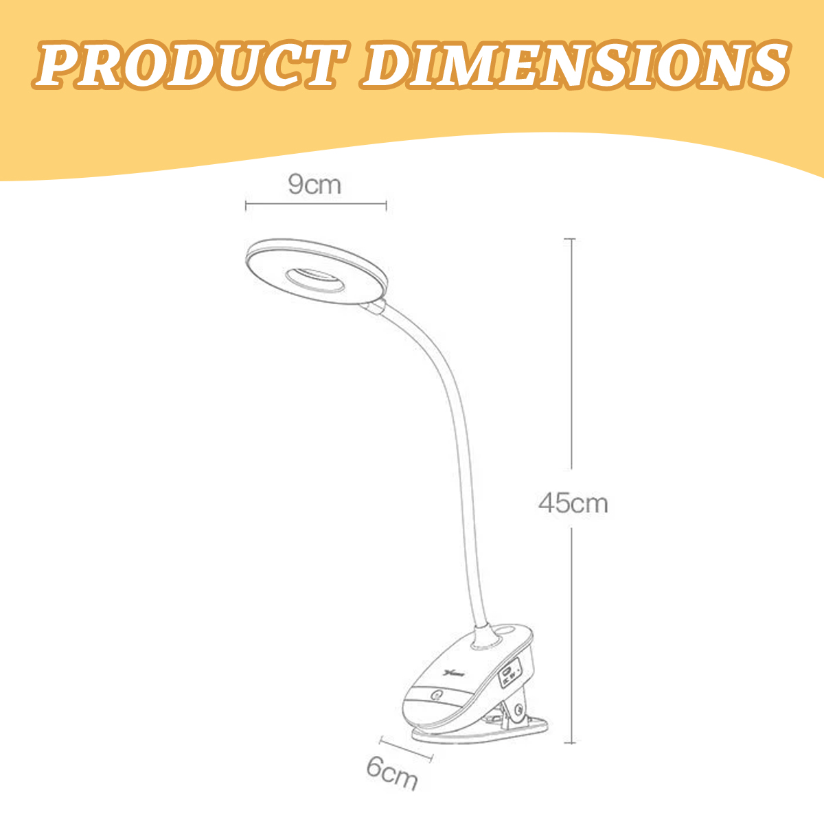 Diagramm einer Schreibtischlampe mit Abmessungen: 9cm (Kopf), 45cm (Höhe), 6cm (Basis). Text: PRODUKTABMESSUNGEN.