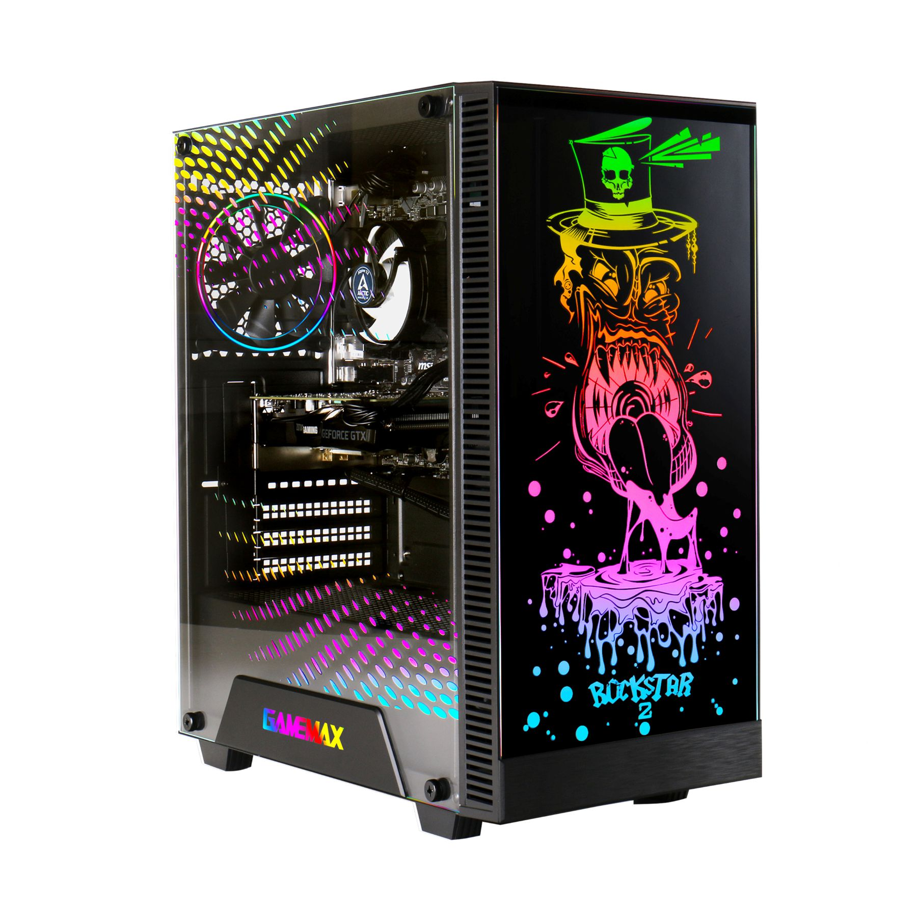 Ein Computergehäuse mit Totenkopfdesign auf der Frontplatte, Regenbogenlichtern und dem GameMax-Logo.