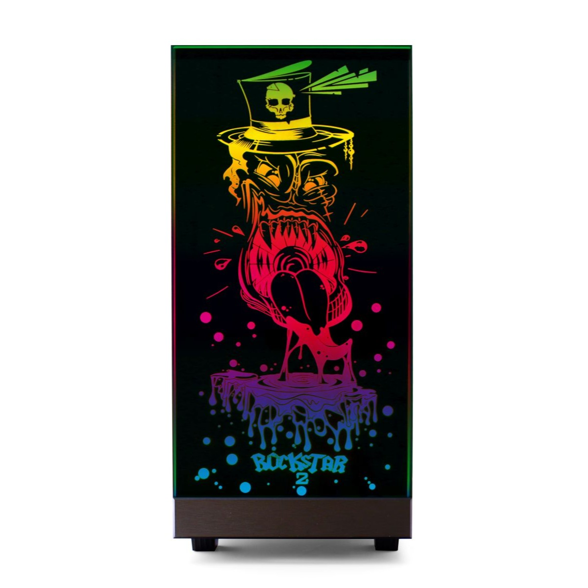 Eine farbenfrohe Grafik eines Schädels mit Zylinder, mit tropfender Farbe und dem Wort "Rockstar 2" darunter.
