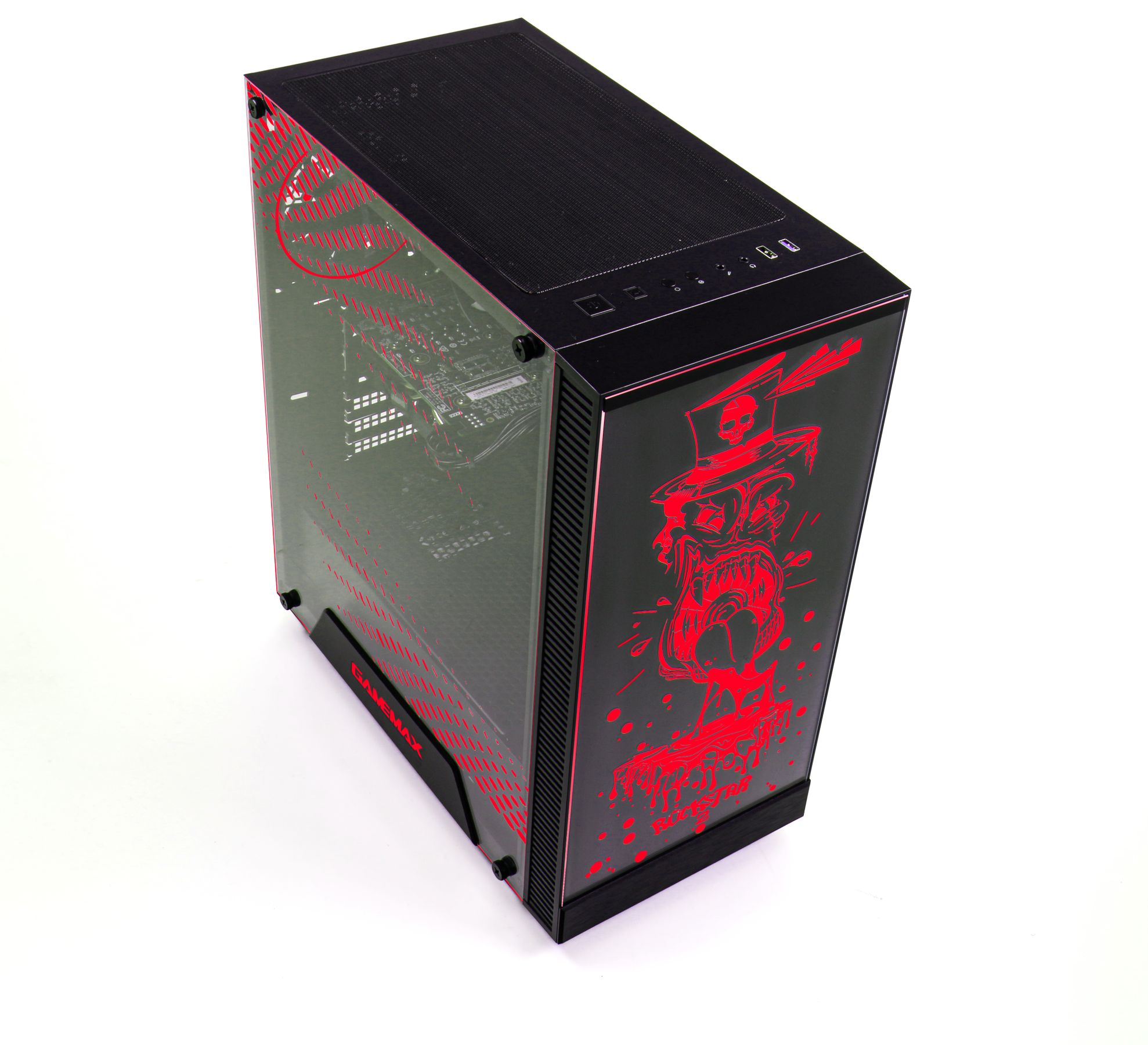 Ein Computergehäuse mit rotem Totenkopfdesign und roten Akzenten. Es hat eine Glas-Seitenwand.