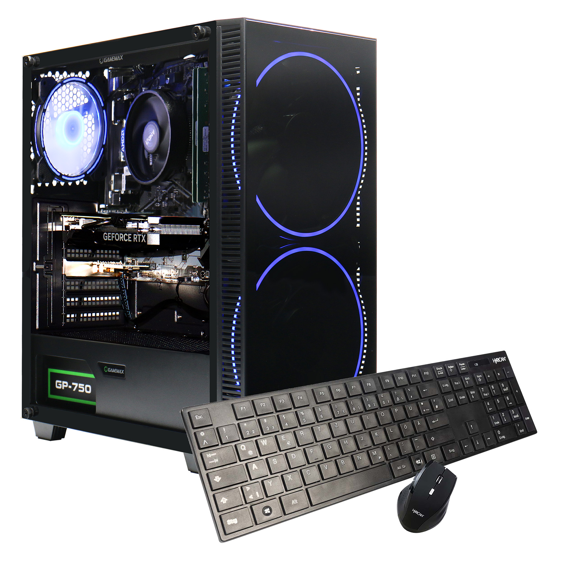 Ein Computerturm mit blauen Lichtern, eine Tastatur und eine Maus auf weißem Hintergrund.