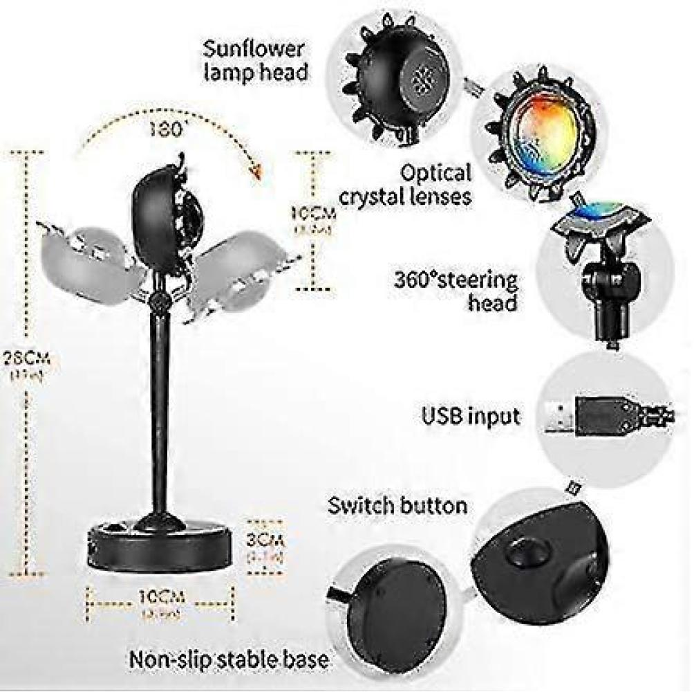 Diagramm einer Sonnenblumenlampe mit Abmessungen, optischen Linsen, einem 360-Grad-Lenkkopf, USB-Eingang und rutschfestem Sockel.