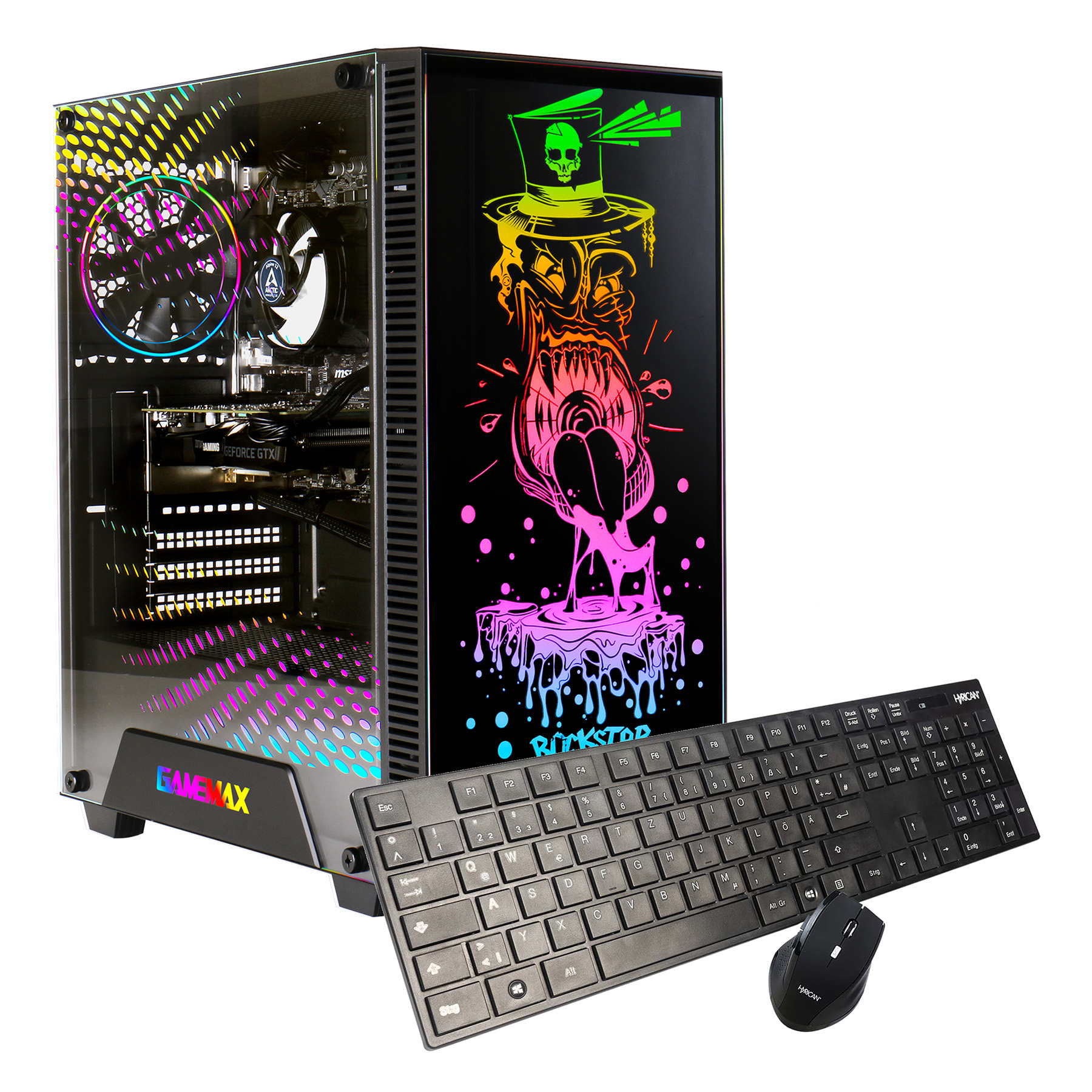 Ein Gaming-PC mit Totenkopf-Design, Tastatur und Maus stehen auf einer weißen Oberfläche. Der PC hat bunte Lichter.