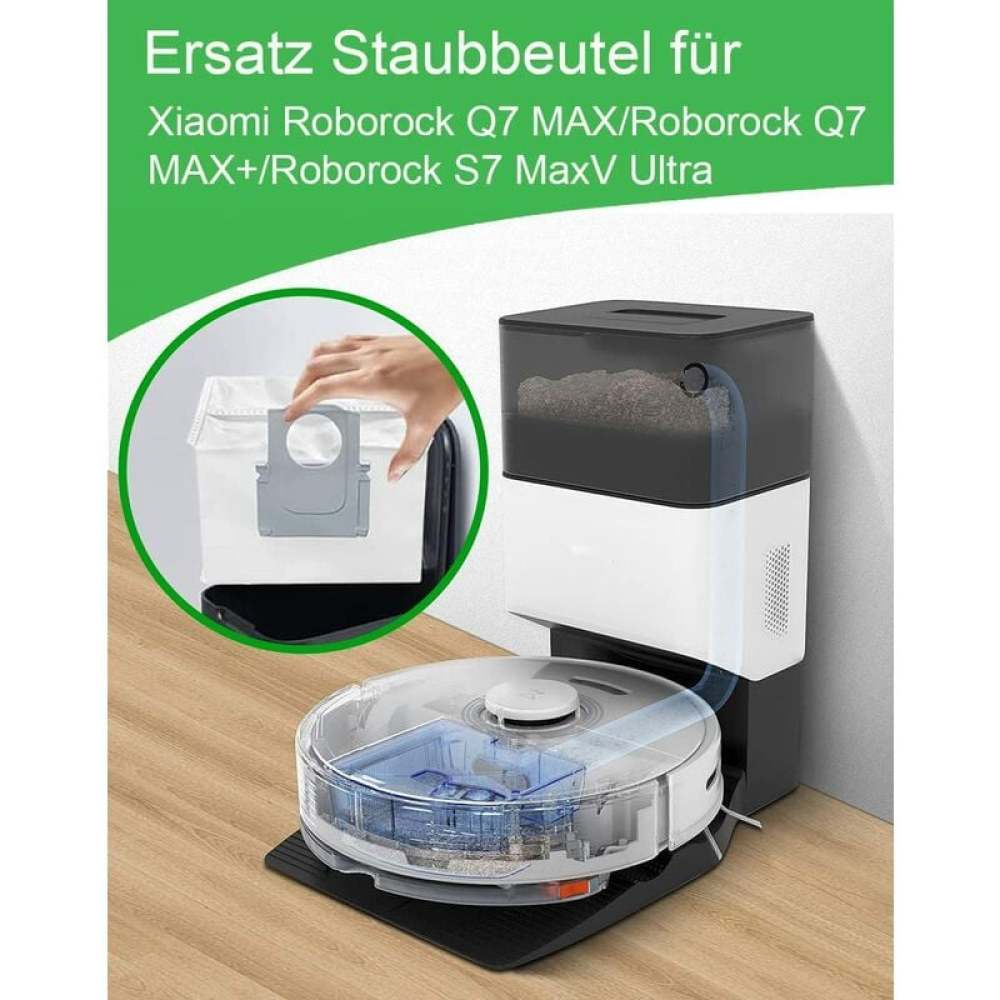 Das Bild zeigt einen Staubsauger mit einem Ersatz-Staubbeutel. Eine Hand hält den Beutel. Die Maschine ist weiß, schwarz und durchsichtig.