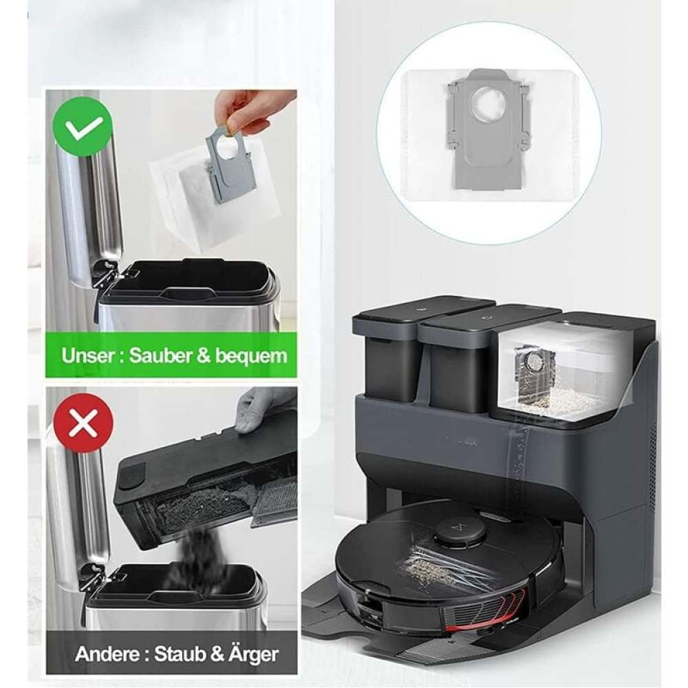 Das Bild zeigt einen Roboter-Staubsauger mit Reinigungssystem: sauberer Beutel, Staubbehälter und Staubsauger. Text sagt "sauber und bequem".