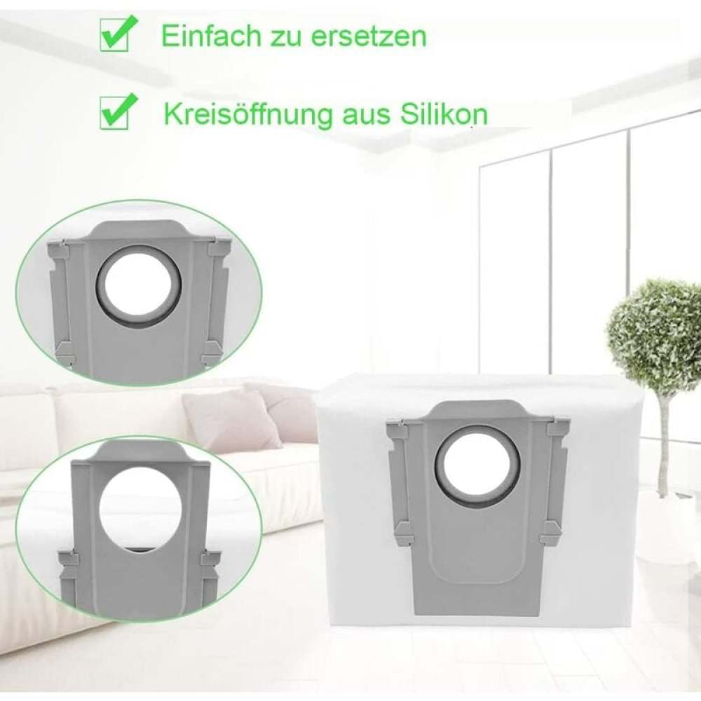 Staubsaugerbeutel mit grauem Bauteil mit runder Öffnung und zwei kleineren. Text auf Deutsch: Einfach zu ersetzen und Silikonöffnung.