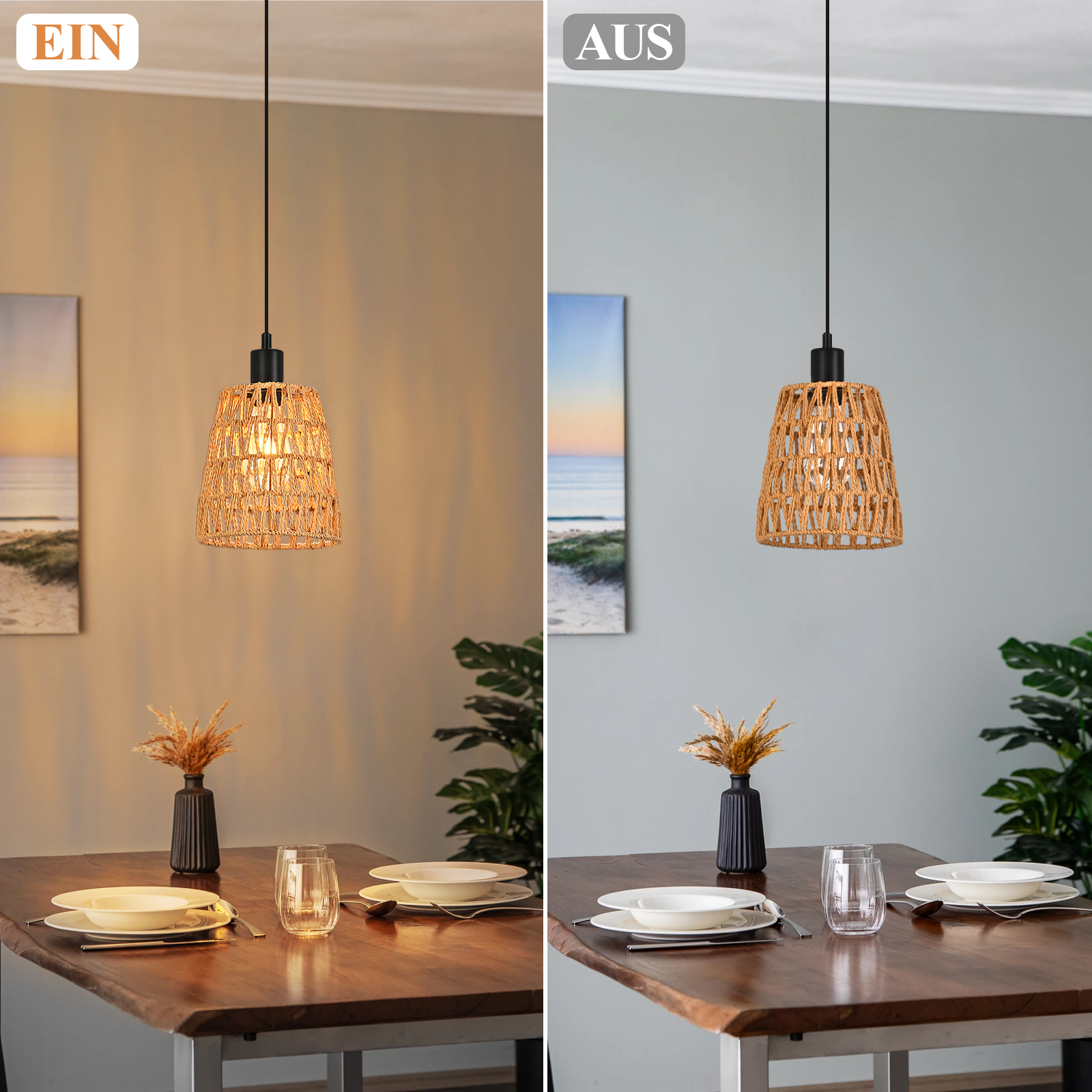 Eine Hängelampe mit gewebtem Schirm hängt über einem Tisch mit Tellern, Gläsern und einer Vase mit Blumen.