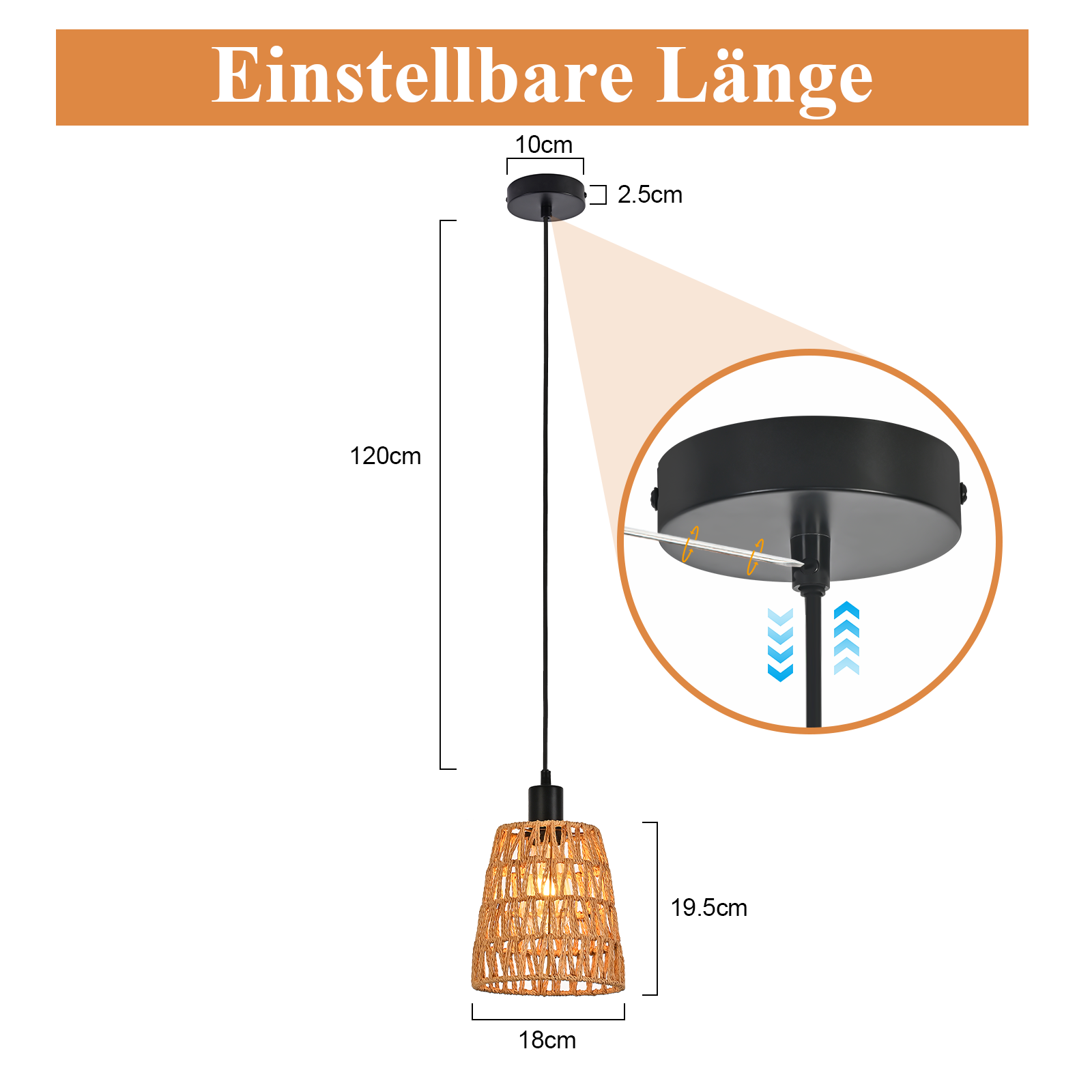 Eine Pendelleuchte mit gewebtem Lampenschirm. Abmessungen sind angegeben. Details zeigen den Einstellmechanismus.