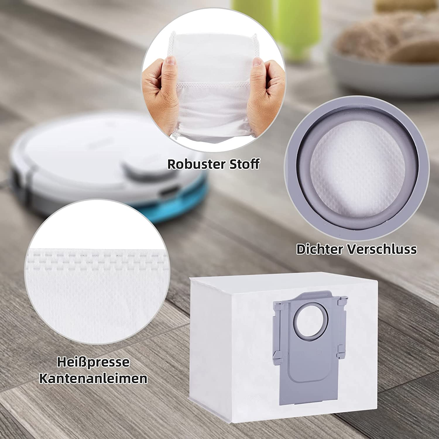 Das Bild zeigt einen Staubsaugerbeutel mit Detailansichten von Materialien und Teilen, darunter ein Filter, ein von Händen gehaltener Beutel und ein Staubbeutel.