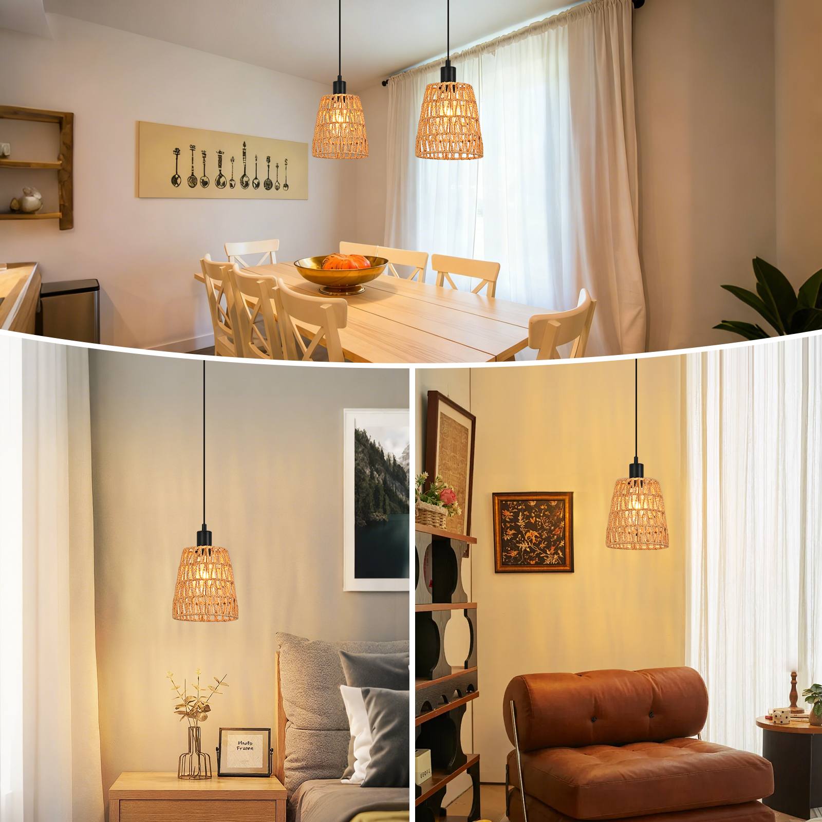 Drei Innenräume mit Hängelampen. Einer zeigt ein Esszimmer, ein anderes ein Schlafzimmer und ein weiteres ein Wohnzimmer.