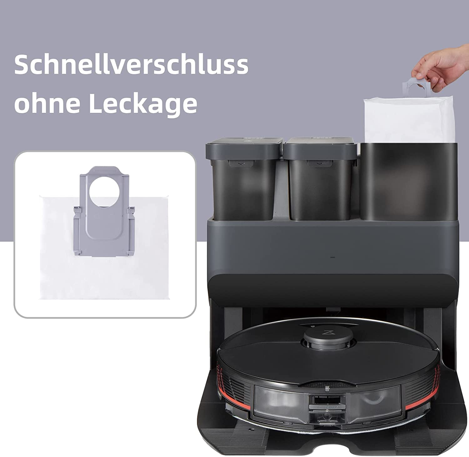 Roboter-Staubsauger mit Ladestation und Staubbeuteln. Hand, die einen weißen Beutel in das Staubfach legt.