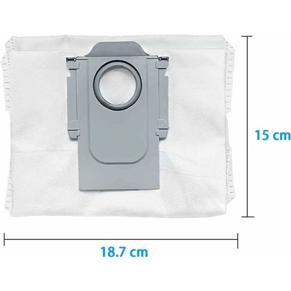 Ein weißer Staubsaugerbeutel mit einem grauen Kunststoffteil. Die Abmessungen betragen 18,7 cm Breite und 15 cm Höhe.