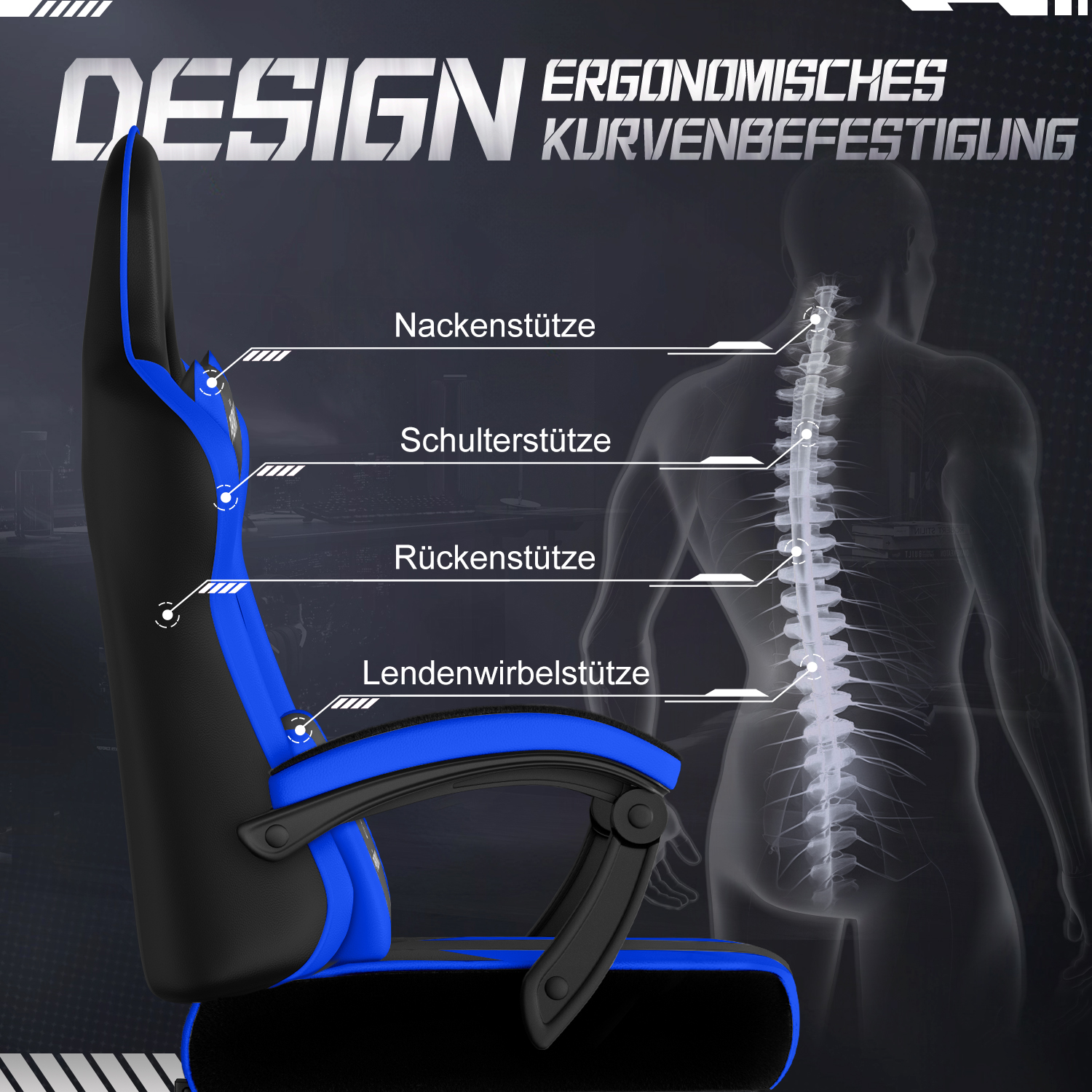 Ein ergonomischer Gaming-Stuhl in Schwarz und Blau mit beschrifteten Stützbereichen. Eine Wirbelsäulenillustration überlagert einem verschwommenen Hintergrund.