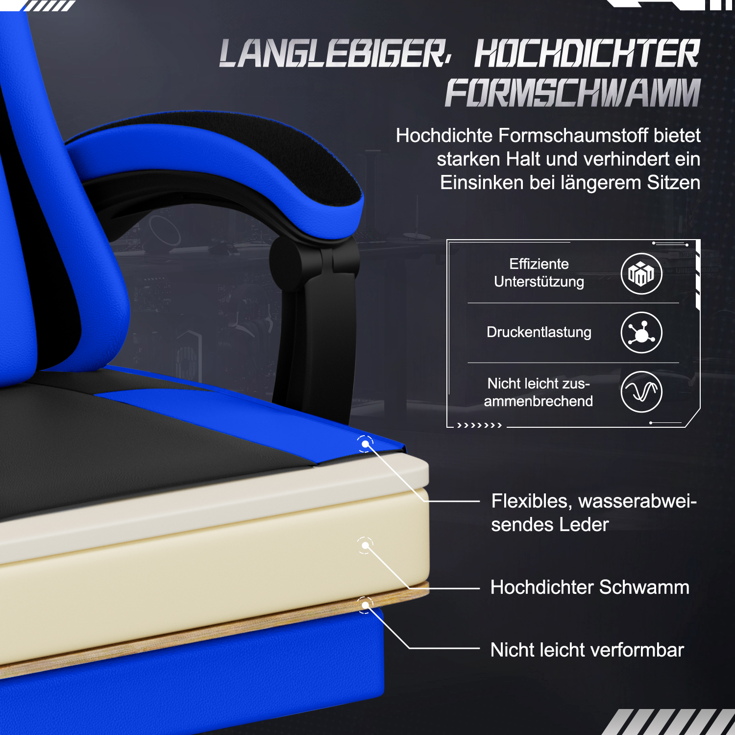 Nahaufnahme eines blau-schwarzen Gaming-Stuhls. Der Stuhl hat Schaumstoff- und Lederschichten. Text hebt die wichtigsten Merkmale hervor.