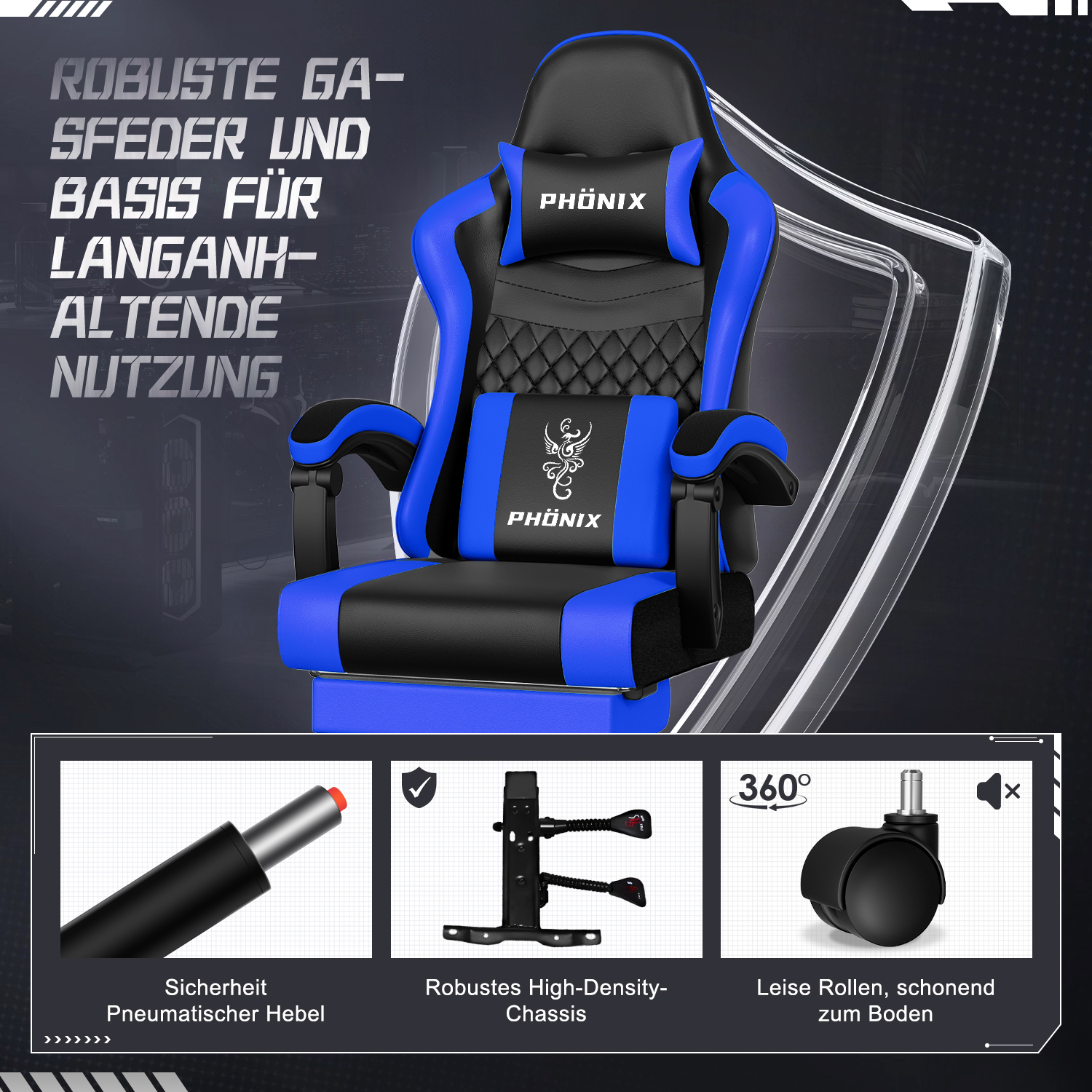 Ein blau-schwarzer Gaming-Stuhl mit Text und drei Detailbildern, die Teile und Funktionen zeigen.