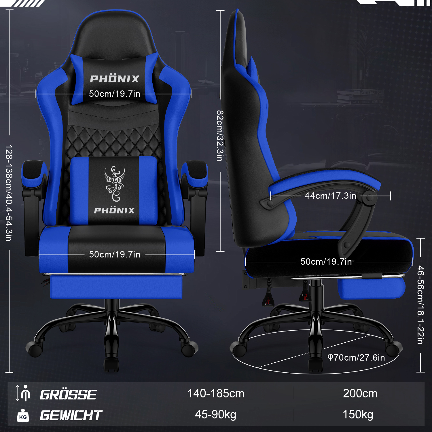 Ein blau-schwarzer Gaming-Stuhl mit Abmessungen und Spezifikationen. Der Stuhl trägt den Markennamen PHÖNIX.