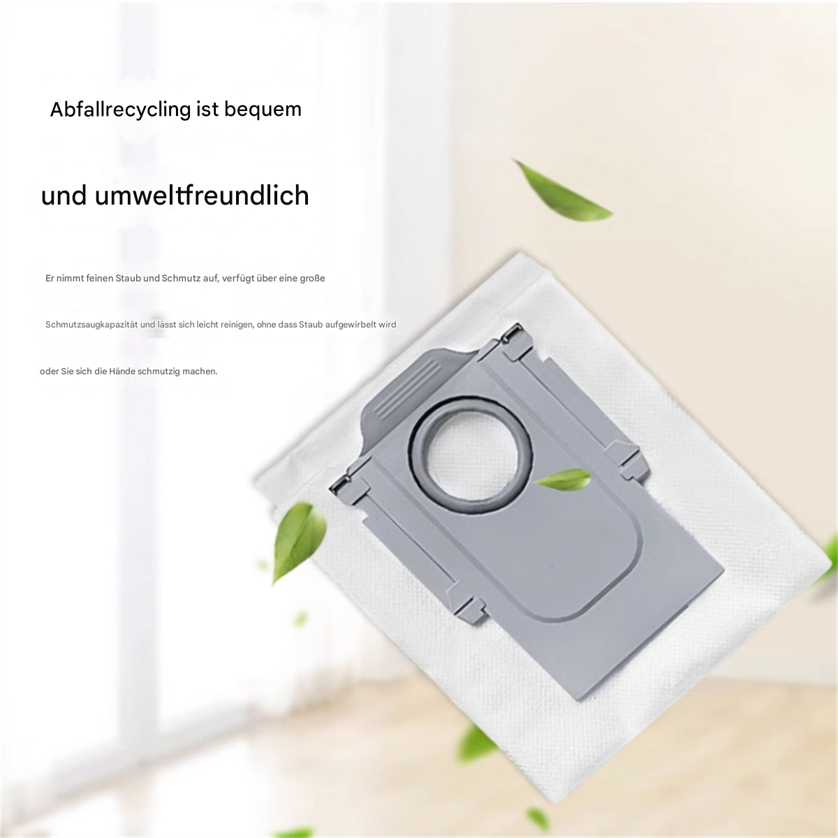 Ein grauer Staubsauger-Staubbehälter liegt auf einem weißen Beutel. Grüne Blätter schweben herum. Text sagt: 'Recycling ist bequem und umweltfreundlich'.