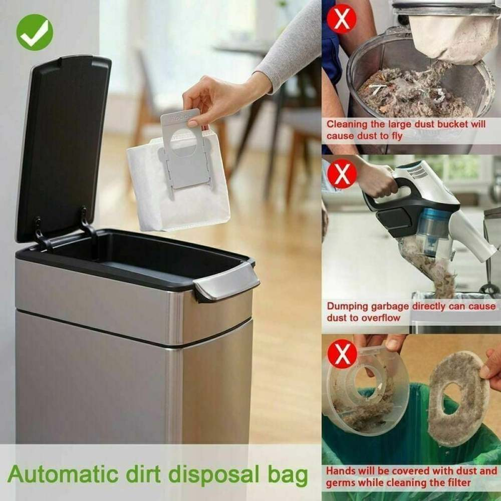 Eine Hand legt einen weißen Filterbeutel in einen Edelstahl-Mülleimer. Weitere Bilder zeigen Reinigungs- und Entsorgungsprobleme.