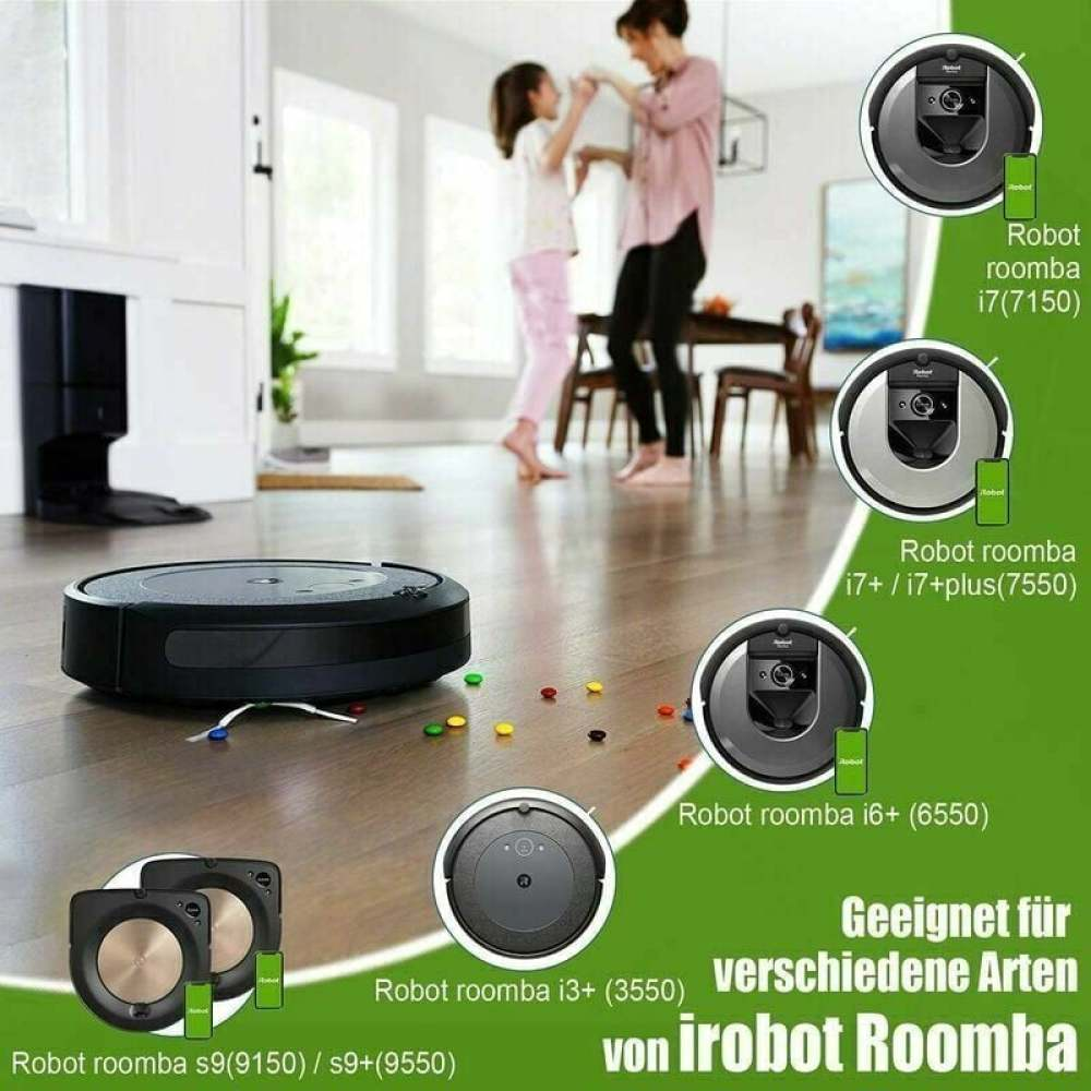 Ein Raum mit Staubsauger, Frau und Kind tanzen und verschiedene Roomba-Modelle werden angezeigt.