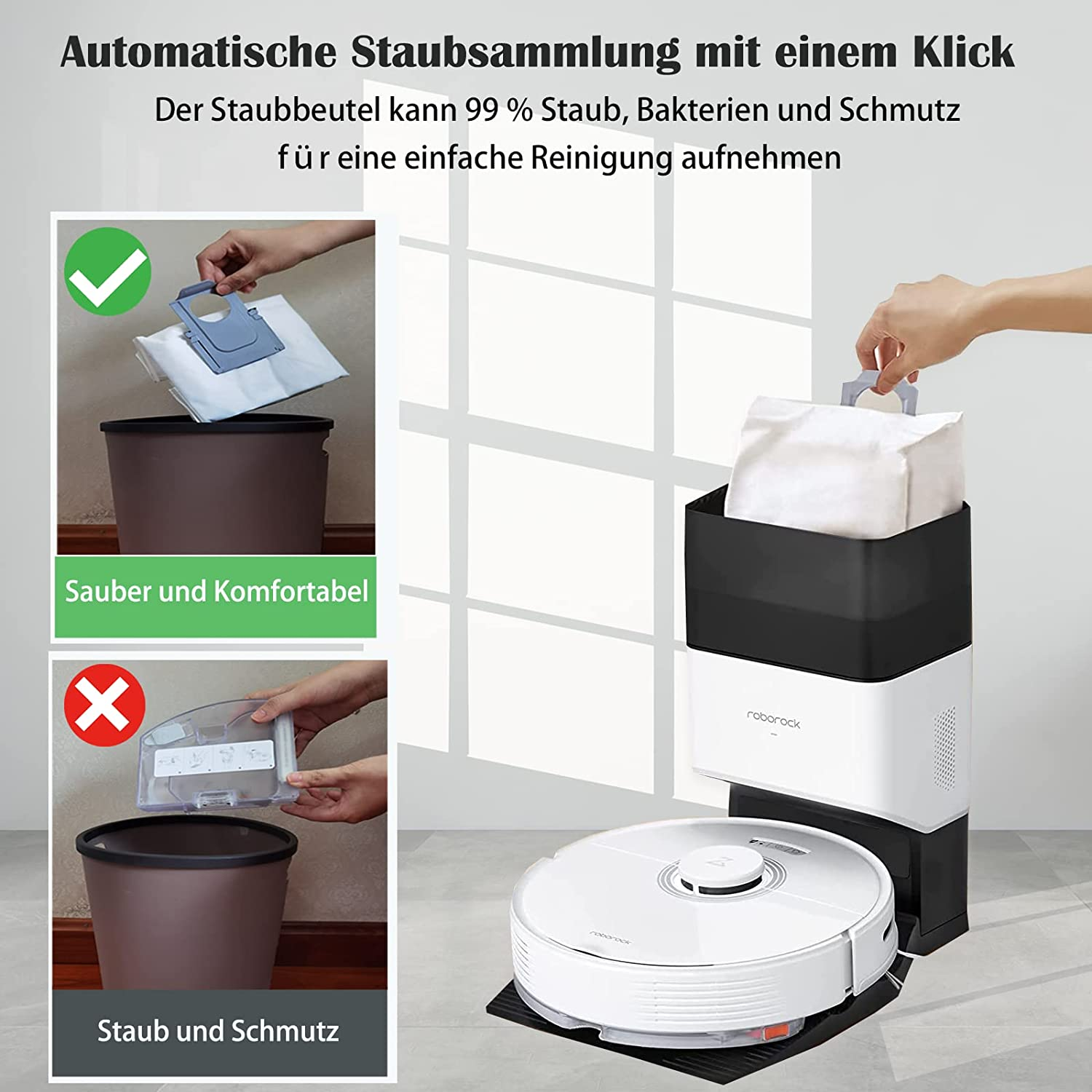 Das Bild zeigt einen Roboterstaubsauger und ein Staubabsaugsystem. Hände werden beim Ersetzen und Entfernen eines Staubbeutels gezeigt.