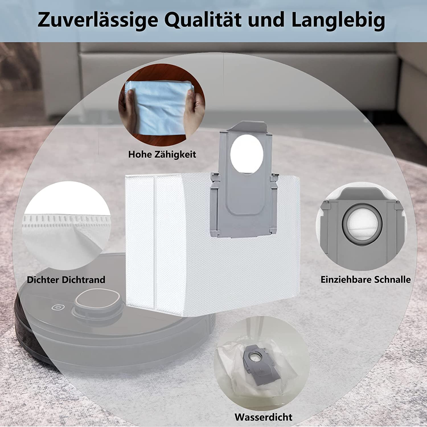 Das Bild zeigt Teile eines Staubsaugers mit Textbeschriftungen. Enthält einen Roboterstaubsauger, Filterbeutel und andere Komponenten.