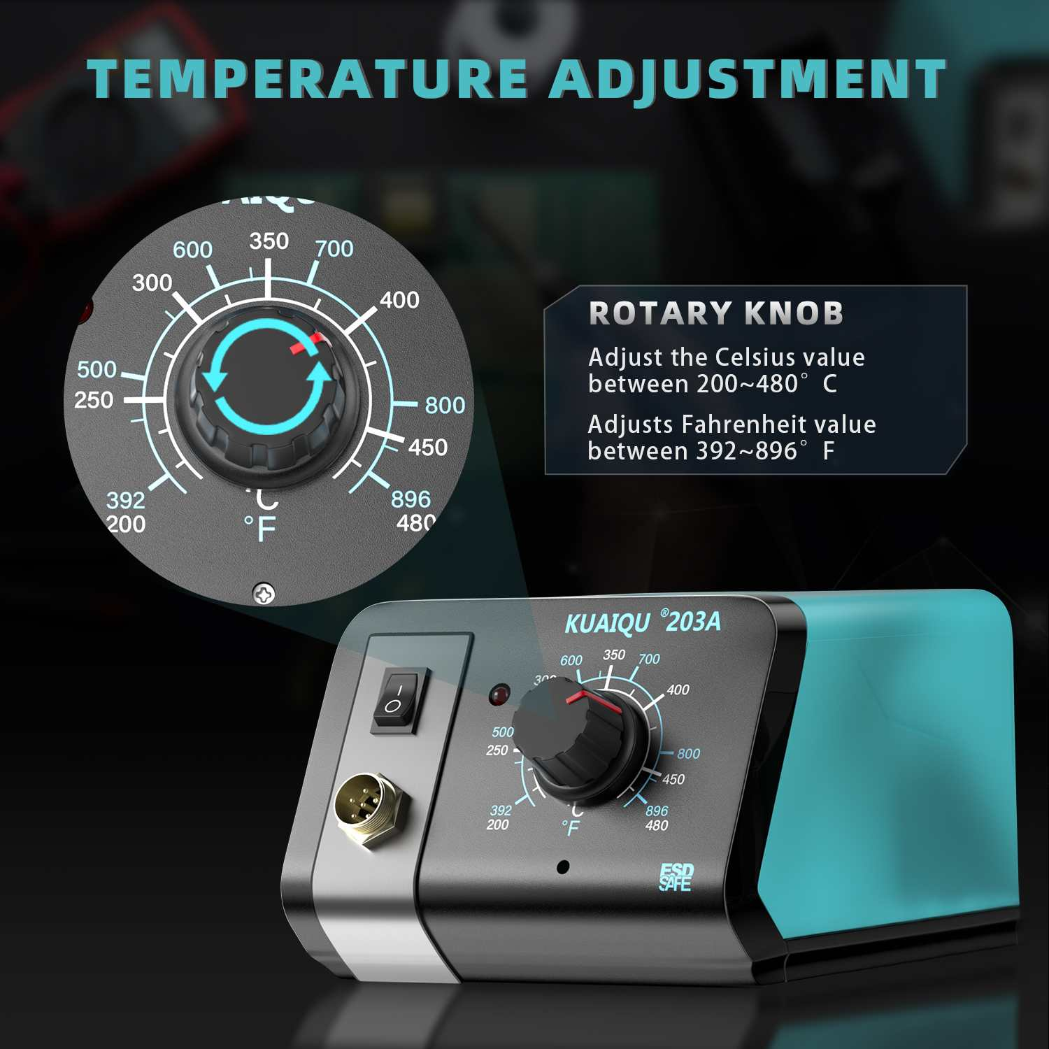 Lötstation mit Drehknopf zur Temperatureinstellung. Die Skala zeigt Celsius- und Fahrenheit-Werte an.