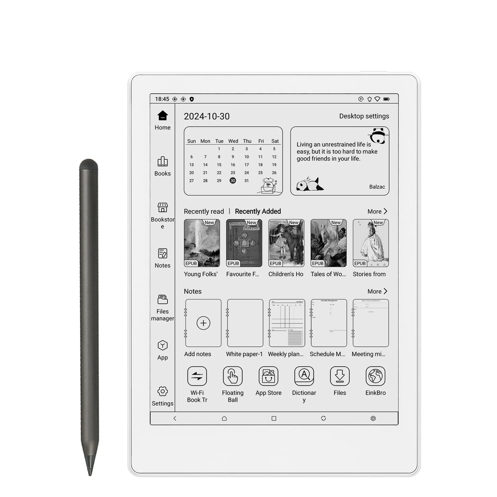 Ein E-Reader zeigt einen Kalender, Buchcover und App-Symbole an. Ein Stift befindet sich links.