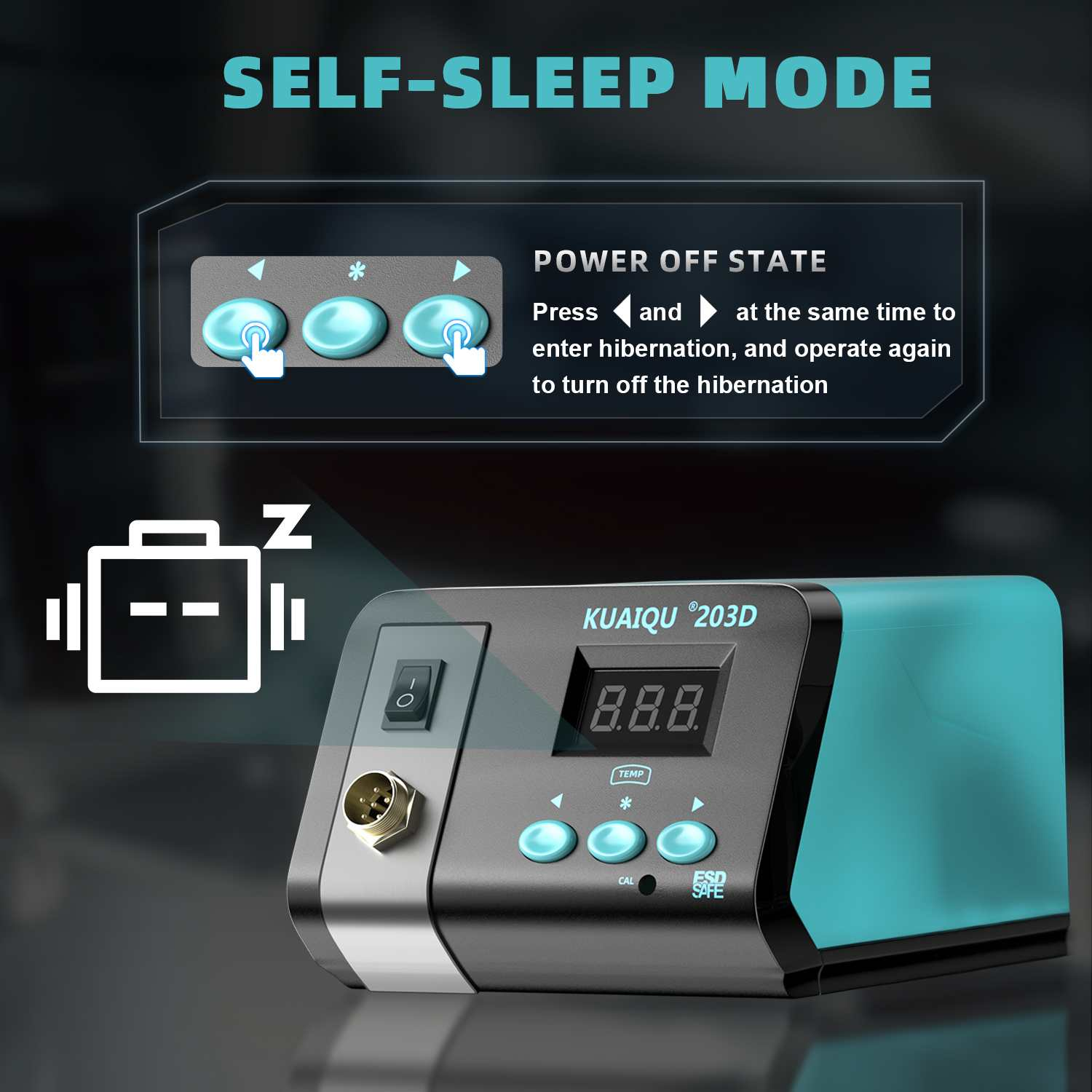 Eine Lötstation mit Digitalanzeige zeigt 8.8.8. Sie hat Knöpfe und einen Netzschalter. Der Text lautet 'SELF-SLEEP MODE'.