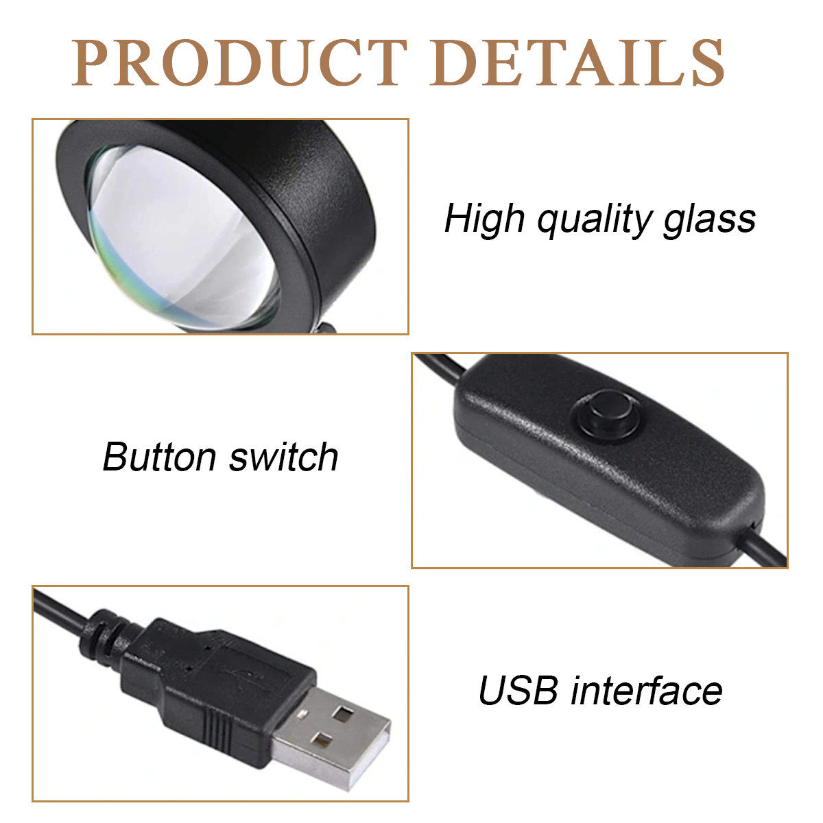 Produktdetails: Lampenkopf, Knopfschaft, USB-Schnittstelle. Text: hochwertiges Glas, Knopfschaft, USB-Schnittstelle. Alles schwarz.