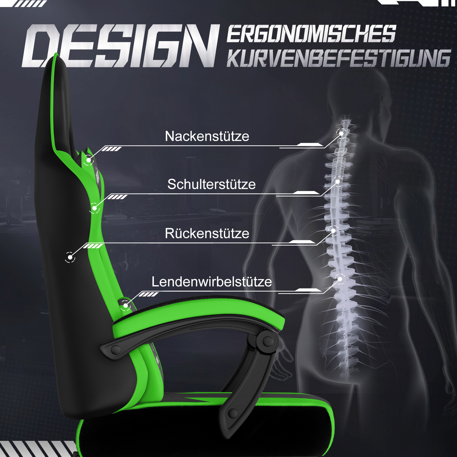 Gaming-Stuhl in Schwarz und Grün mit beschrifteten Stützen. Ein Skelettbild veranschaulicht das ergonomische Design und die Unterstützung der Wirbelsäule.