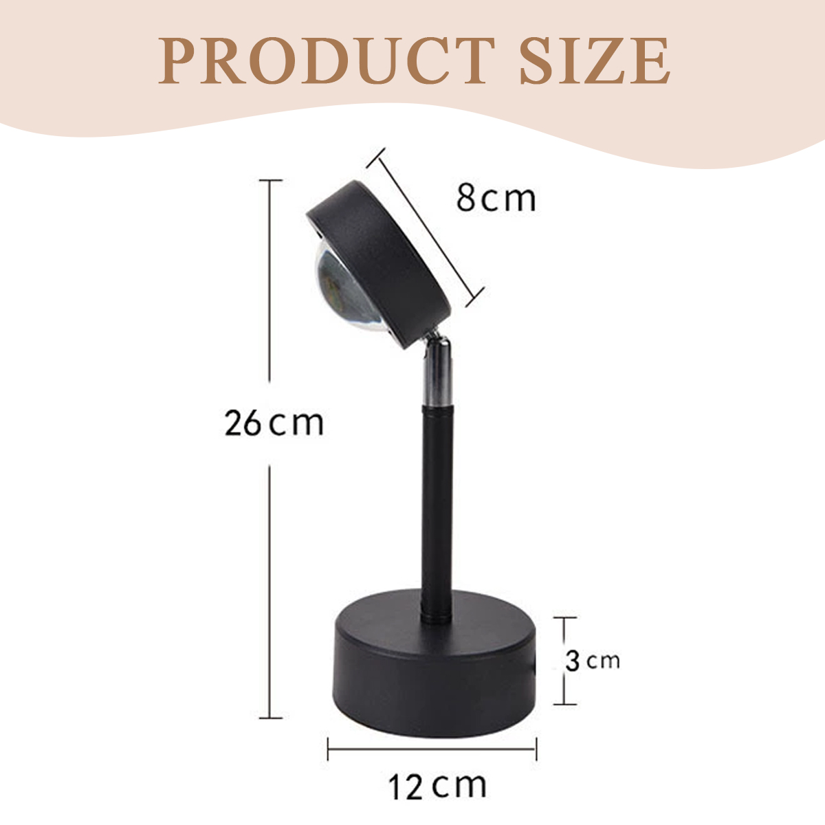 Schwarze Sonnenuntergangslampe mit den Maßen: 26 cm Höhe, 12 cm Basisdurchmesser, 3 cm Basishöhe und 8 cm Lampenkopffbreite.