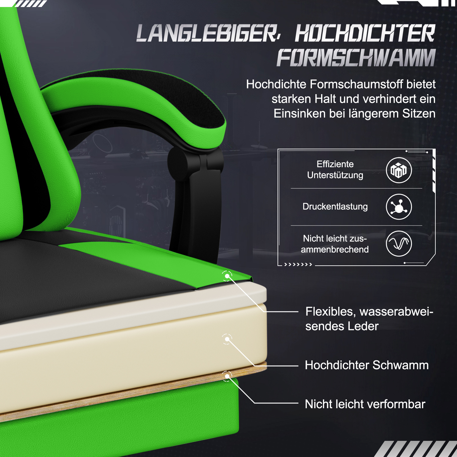 Detail eines grünen und schwarzen Gaming-Stuhls. Er hat Schaumstoff- und Lederschichten. Text hebt Formschaum und wasserabweisendes Leder hervor.