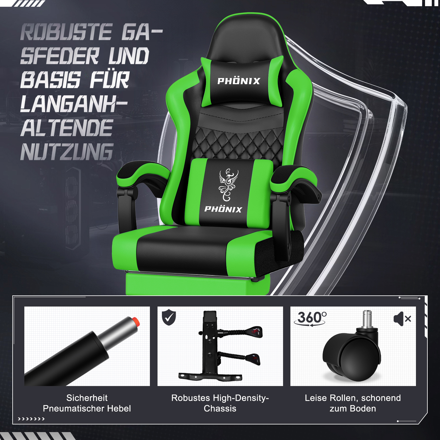 Gaming-Stuhl mit grünen und schwarzen Akzenten. Merkmale sind pneumatischer Hebel, robustes Chassis und leichtgängige Rollen.