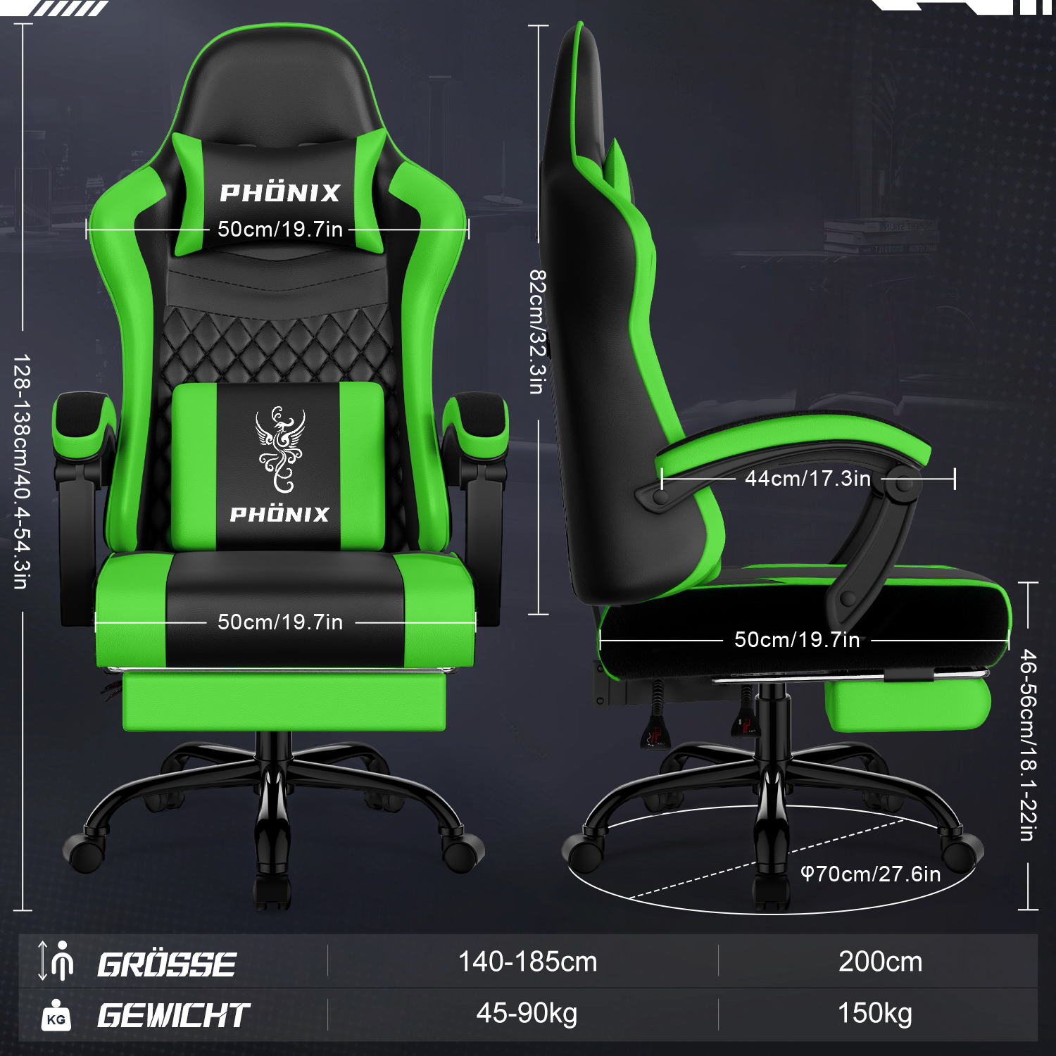 Gaming-Stuhl in Schwarz und Grün mit Maßen. Die Maße sind auf dem Stuhl angegeben.