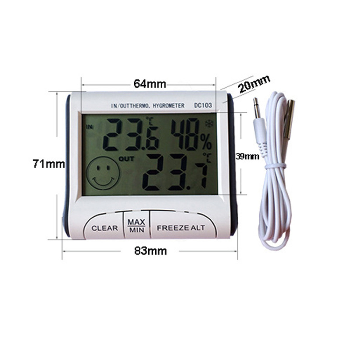 Ein weißes digitales Thermometer, das Temperatur und Luftfeuchtigkeit anzeigt. Es hat einen Bildschirm, Knöpfe und ein Kabel mit Sensor.