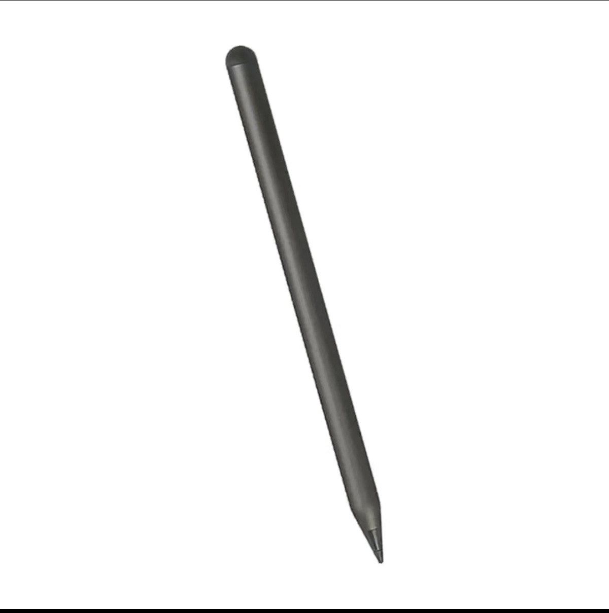 Ein grauer Eingabestift mit abgerundeter Spitze und spitzem Boden ist auf weißem Hintergrund isoliert.