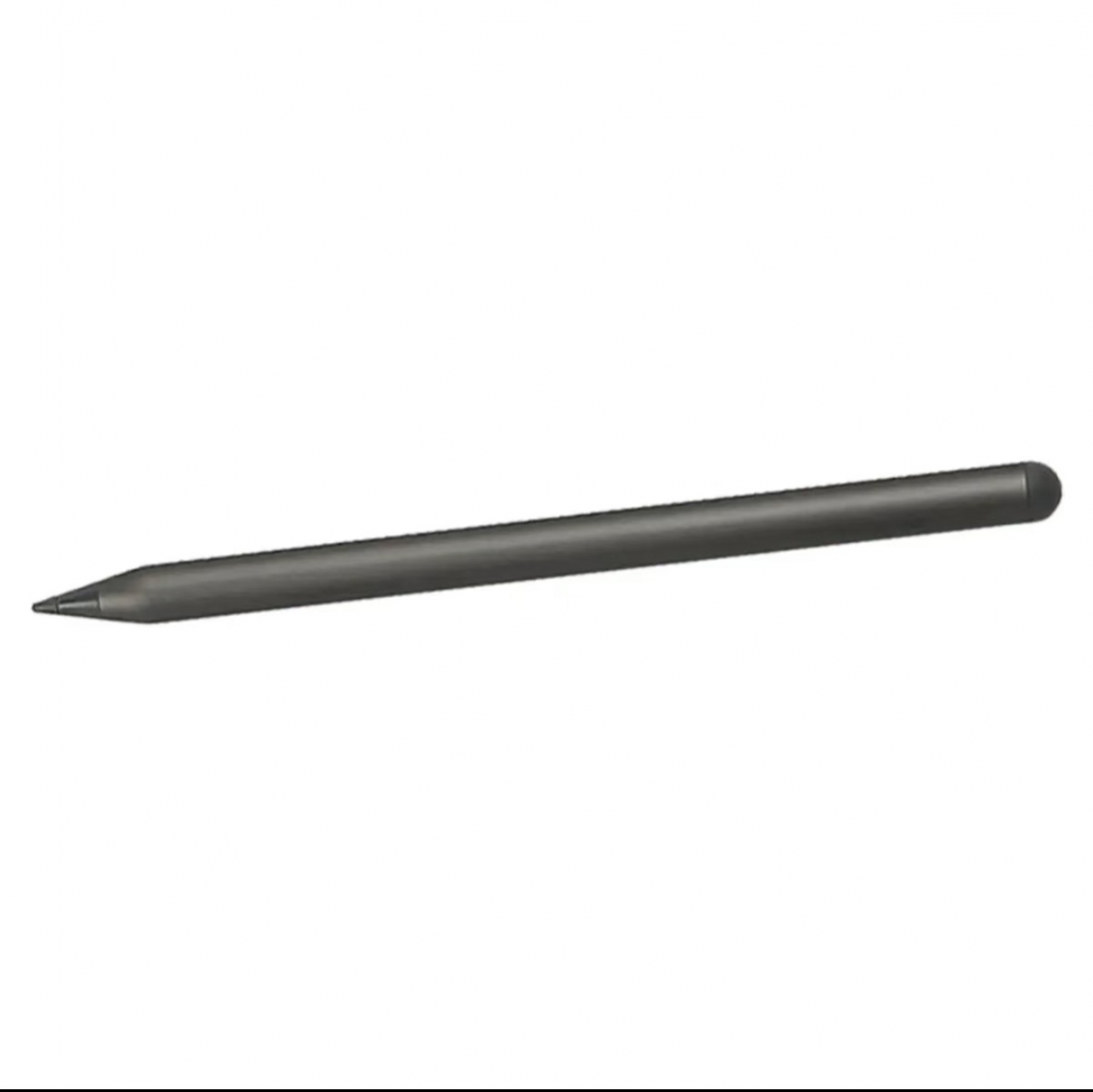 Ein dunkelgrauer Stift liegt diagonal auf weißem Hintergrund. Der Stift hat eine spitze Spitze an einem Ende und eine abgerundete am anderen.