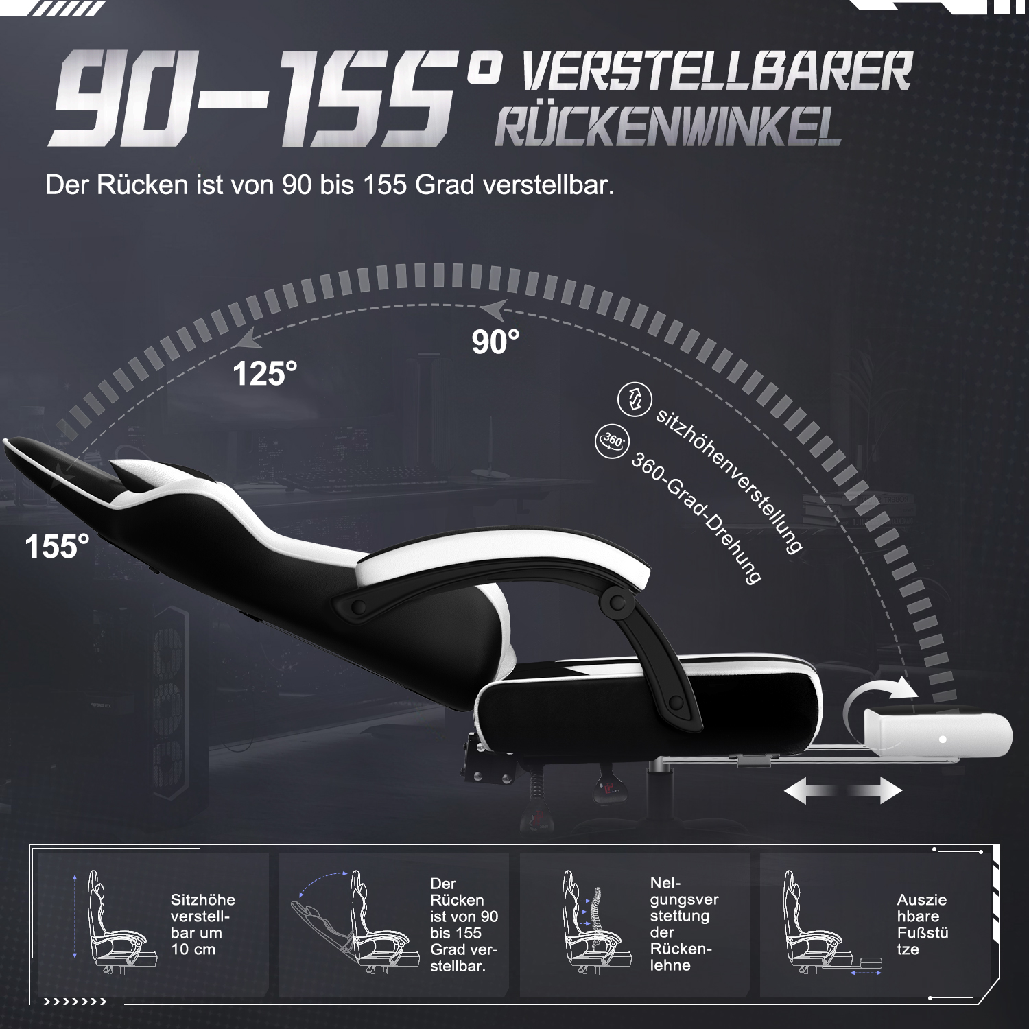 Schwarzer und weißer Gaming-Stuhl mit verstellbarer Rückenlehne von 90 bis 155 Grad. Funktionen umfassen Höhenverstellung und Fußstütze.