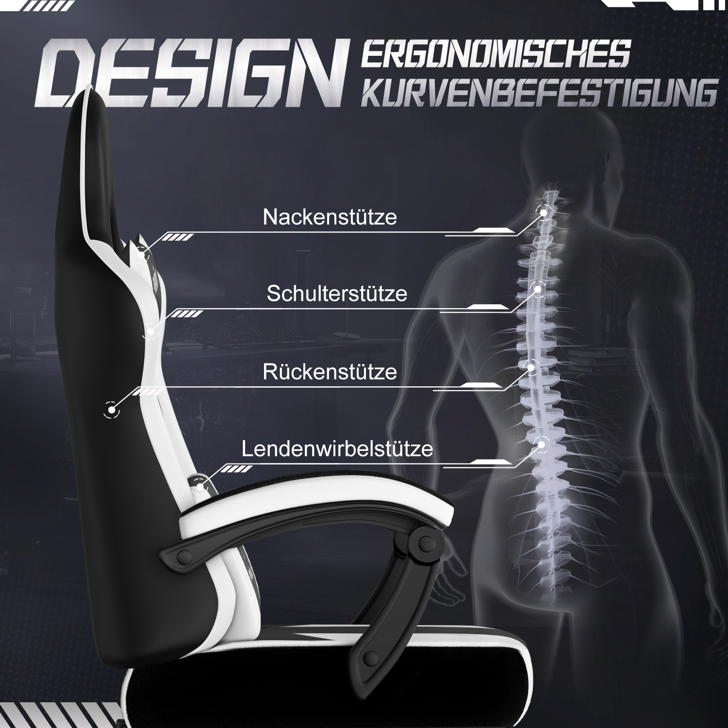 Ein Gaming-Stuhl mit schwarz-weißem Design. Rechts eine menschliche Wirbelsäulenillustration mit Etiketten für Rückenstützbereiche.