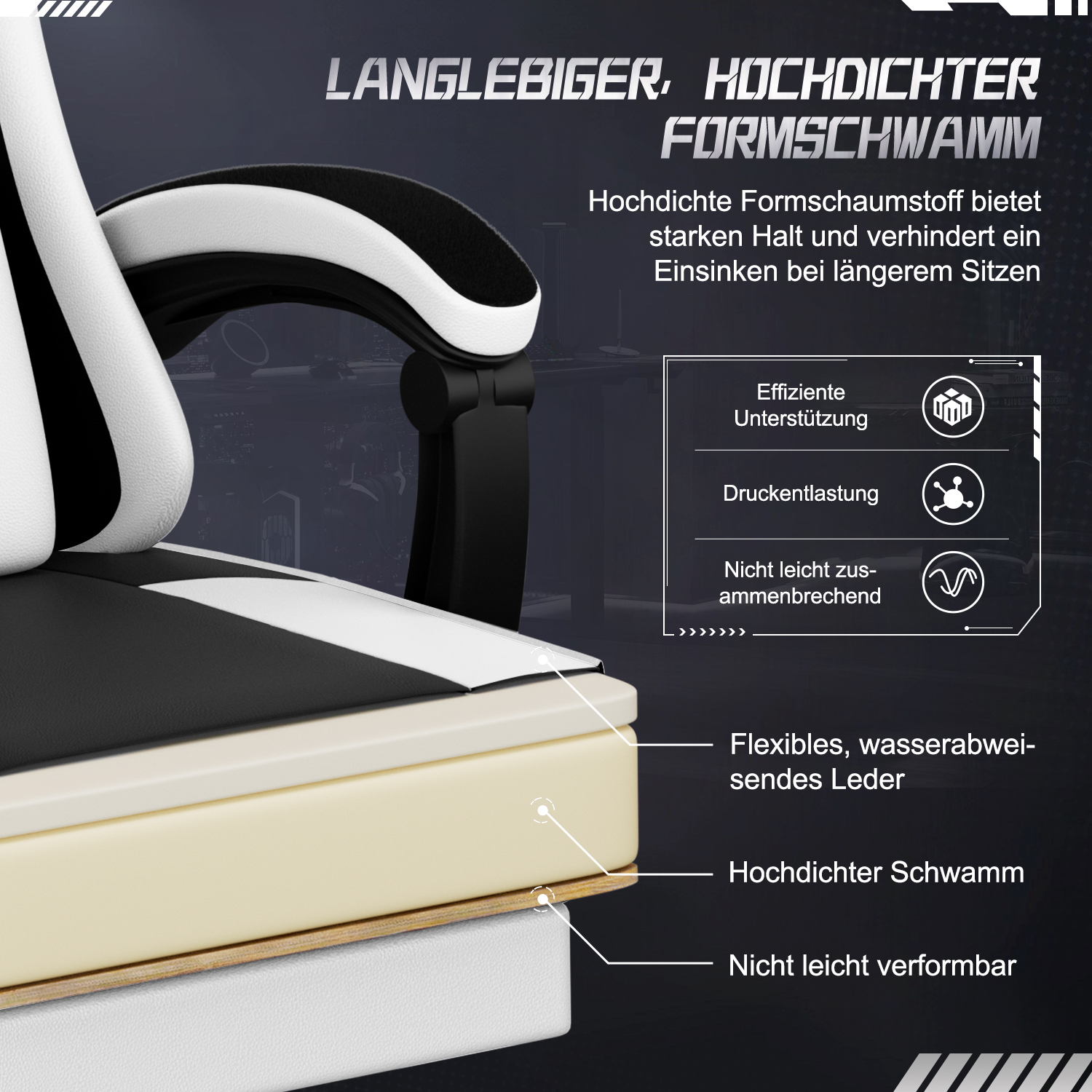 Nahaufnahme eines Gaming-Stuhls mit schwarz-weißem Design. Text hebt Schaum, Leder und Stützfunktionen hervor.