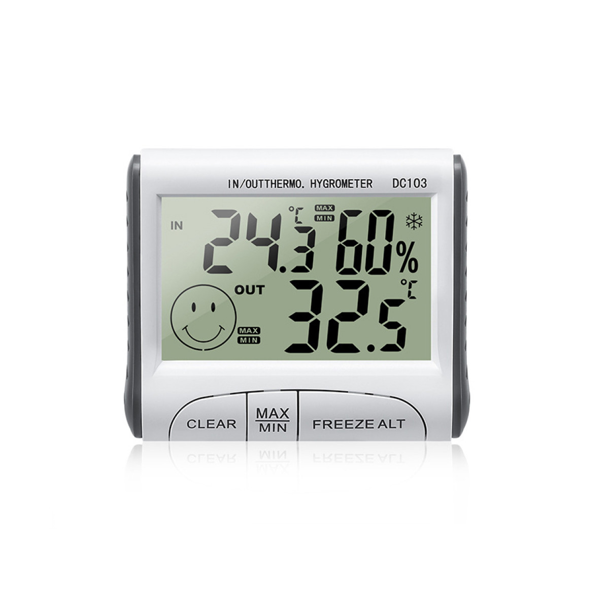 Ein weißes digitales Thermometer, das Temperatur und Luftfeuchtigkeit anzeigt. Es hat ein Smiley-Gesicht und Tasten für klar, max, min und einfrieren.