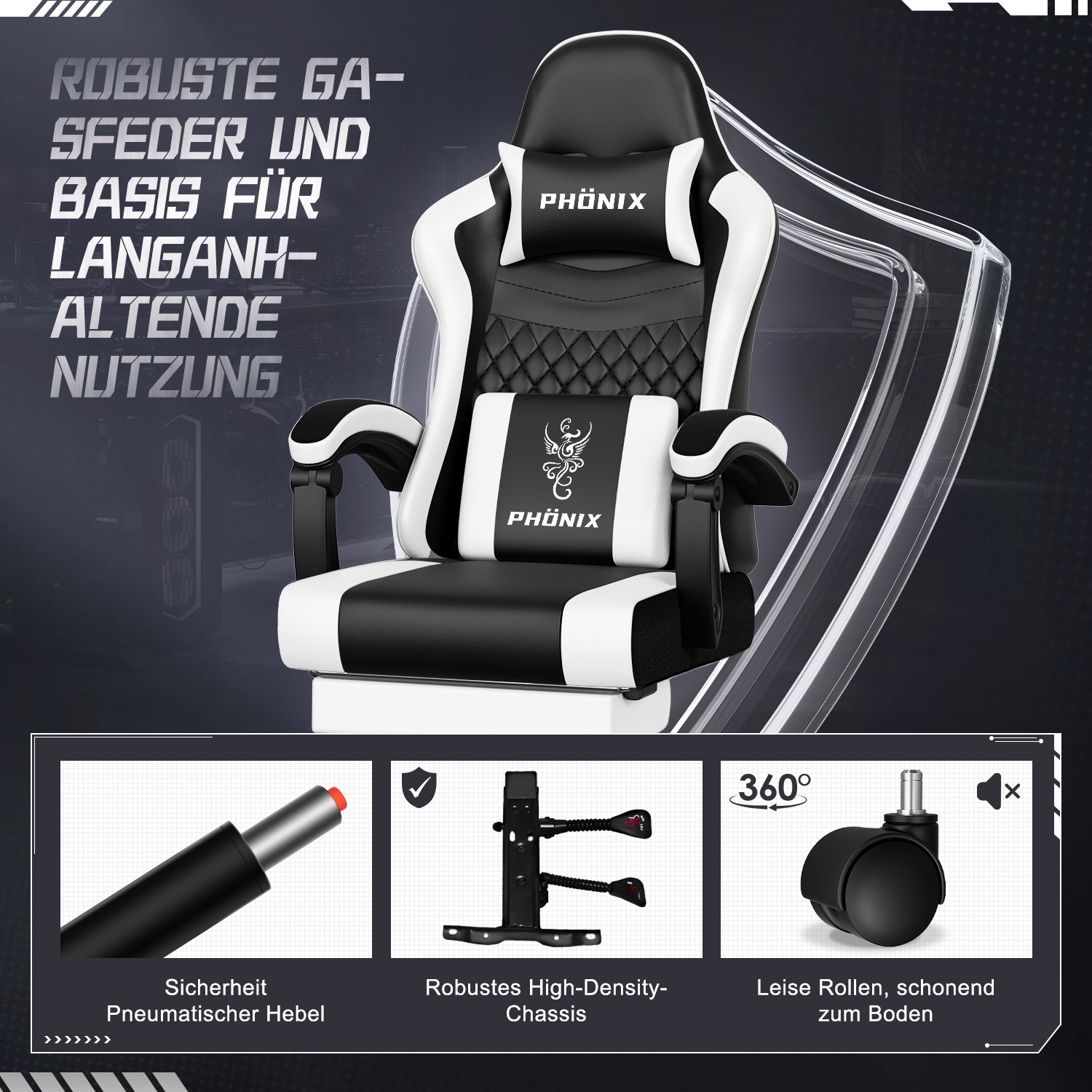 Ein schwarz-weißer Gaming-Stuhl mit dem PHÖNIX-Logo. Zu den Merkmalen gehören ein pneumatischer Hebel, ein Chassis mit hoher Dichte und 360°-Rollen.